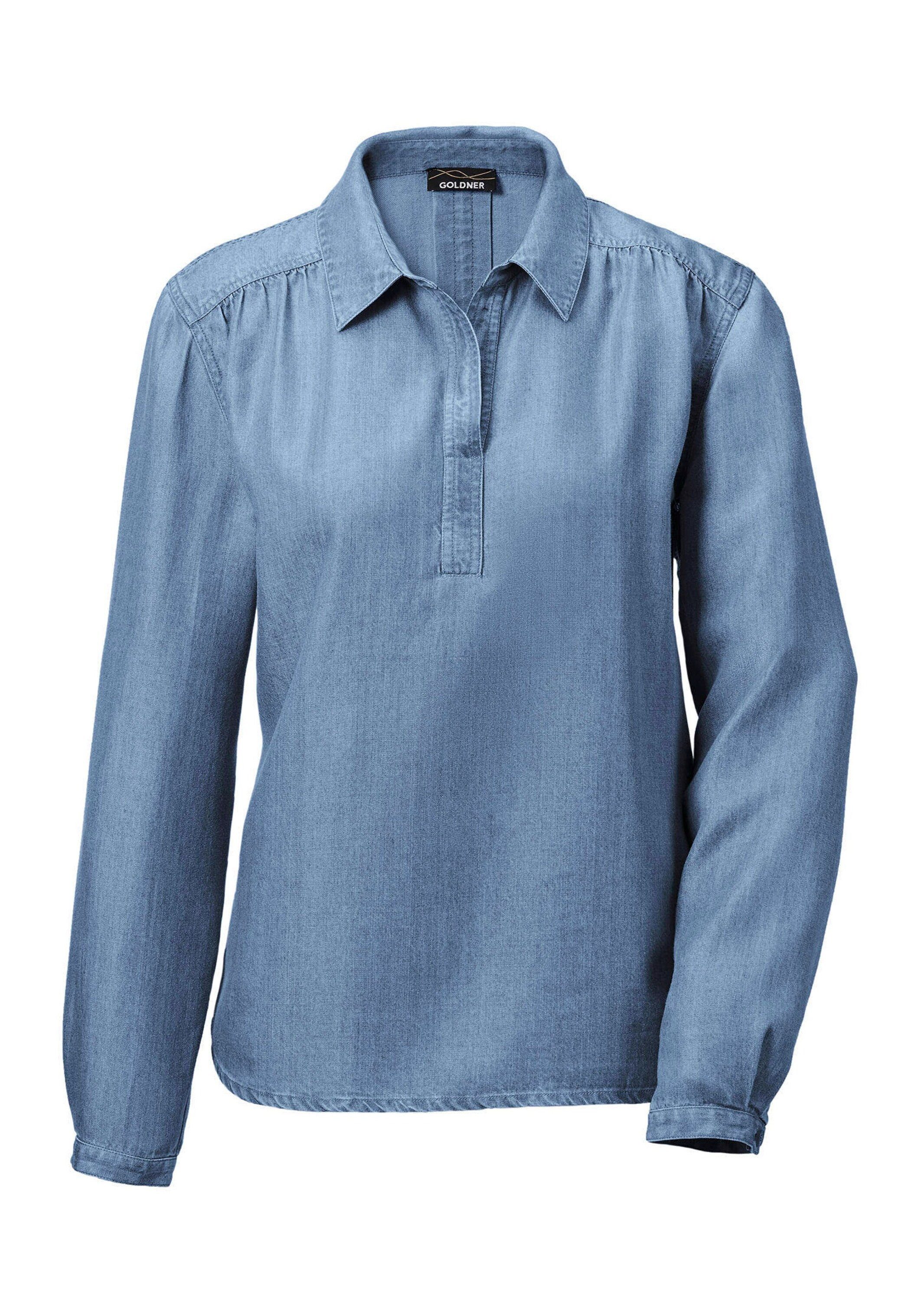 GOLDNER Klassische Bluse Denimbluse mit offenem Hemdkragen Hemdbluse mit Kräuselungen, Kellerfalten und Langarm