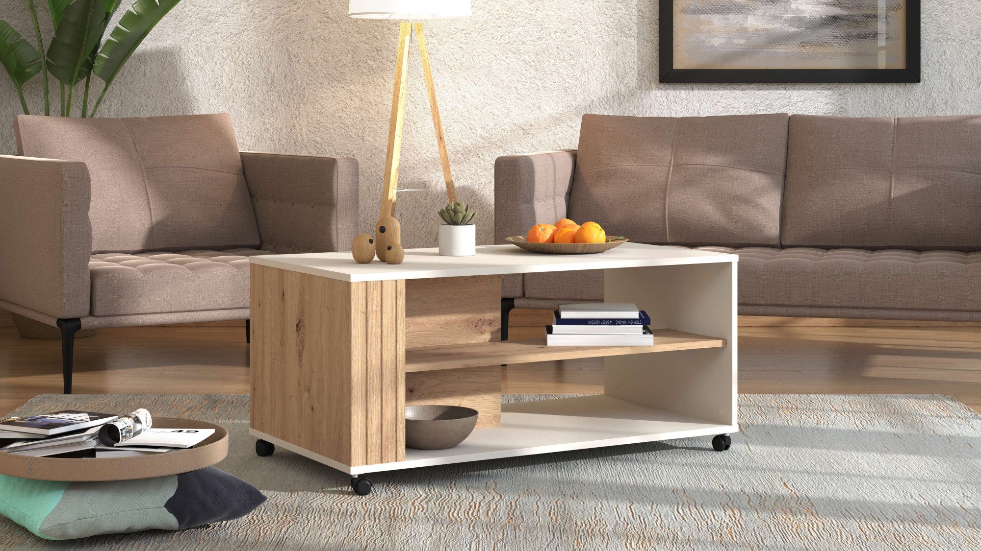 Home affaire Couchtisch Belfort Kaffetisch 100 cm, Stilvolles und zeitloses Design, mit rollen, mit zwei Ablageböden, in trendigen Farbkombination
