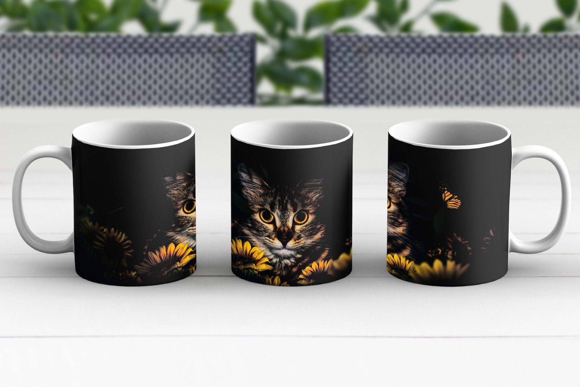 - Gelb - Katze Keramik, Botanisch, Teetasse, Kaffeetassen, - MuchoWow Blumen Tasse Becher, Geschenk Teetasse,
