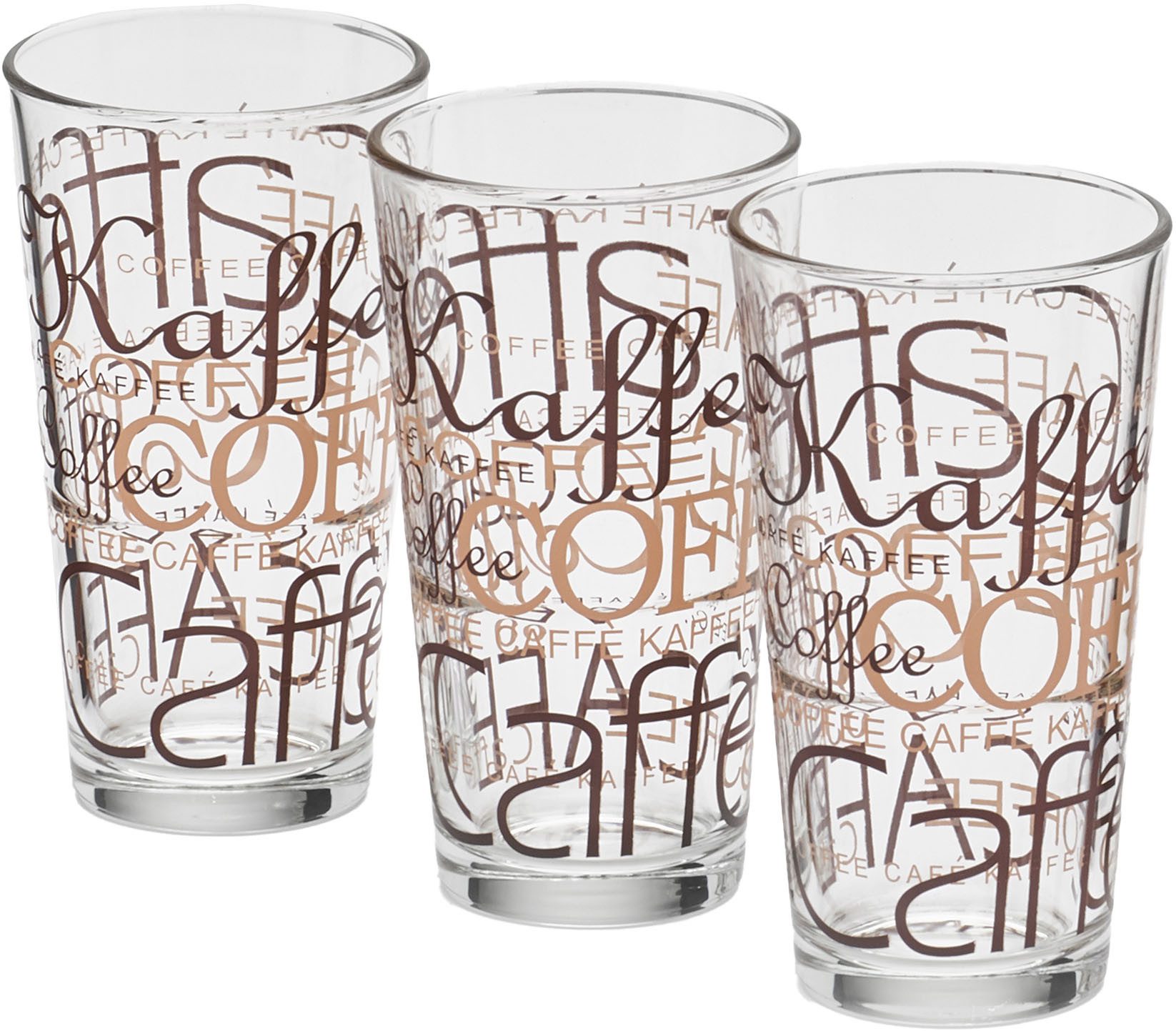 Bormioli Rocco Longdrinkglas Longdrinkbecher 370 ml Latte Macchiato, 12 Stück, 12-tlg., Glas, Coffee-Dekor, stapelbar, spülmaschinengeeignet