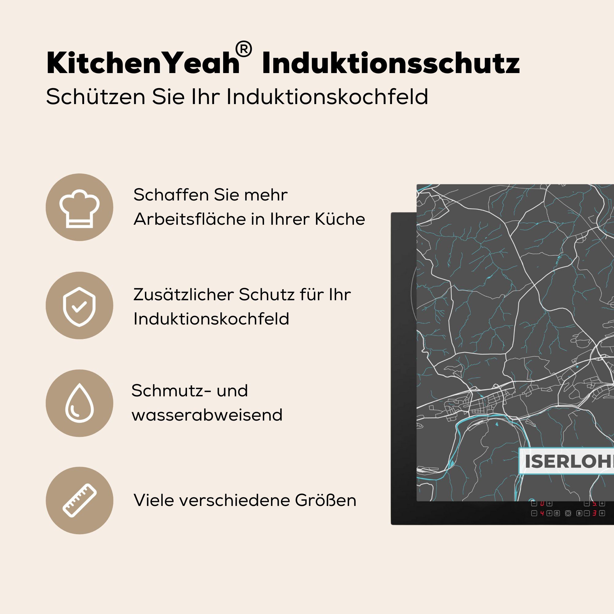 MuchoWow Herdblende-/Abdeckplatte Blau - Deutschland cm, Karte Vinyl, für (1 - tlg), Stadtplan Iserlohn, Arbeitsplatte küche - 78x78 Ceranfeldabdeckung, 