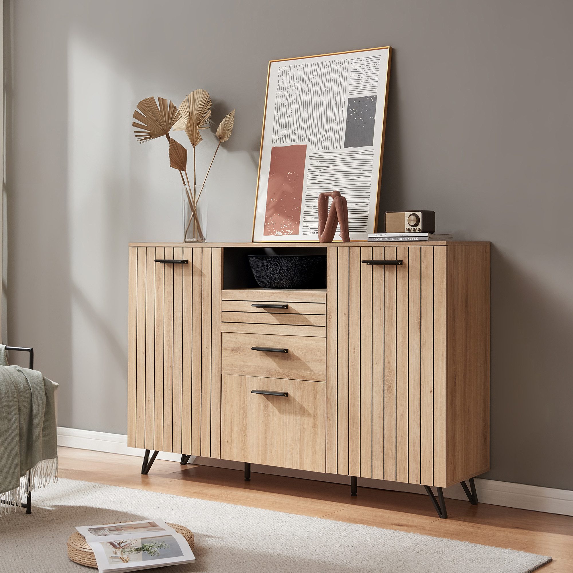 en.casa Sideboard, »Noppen« mit 3 Türen und 2 Schubladen 100x150x38cm Eiche günstig online kaufen