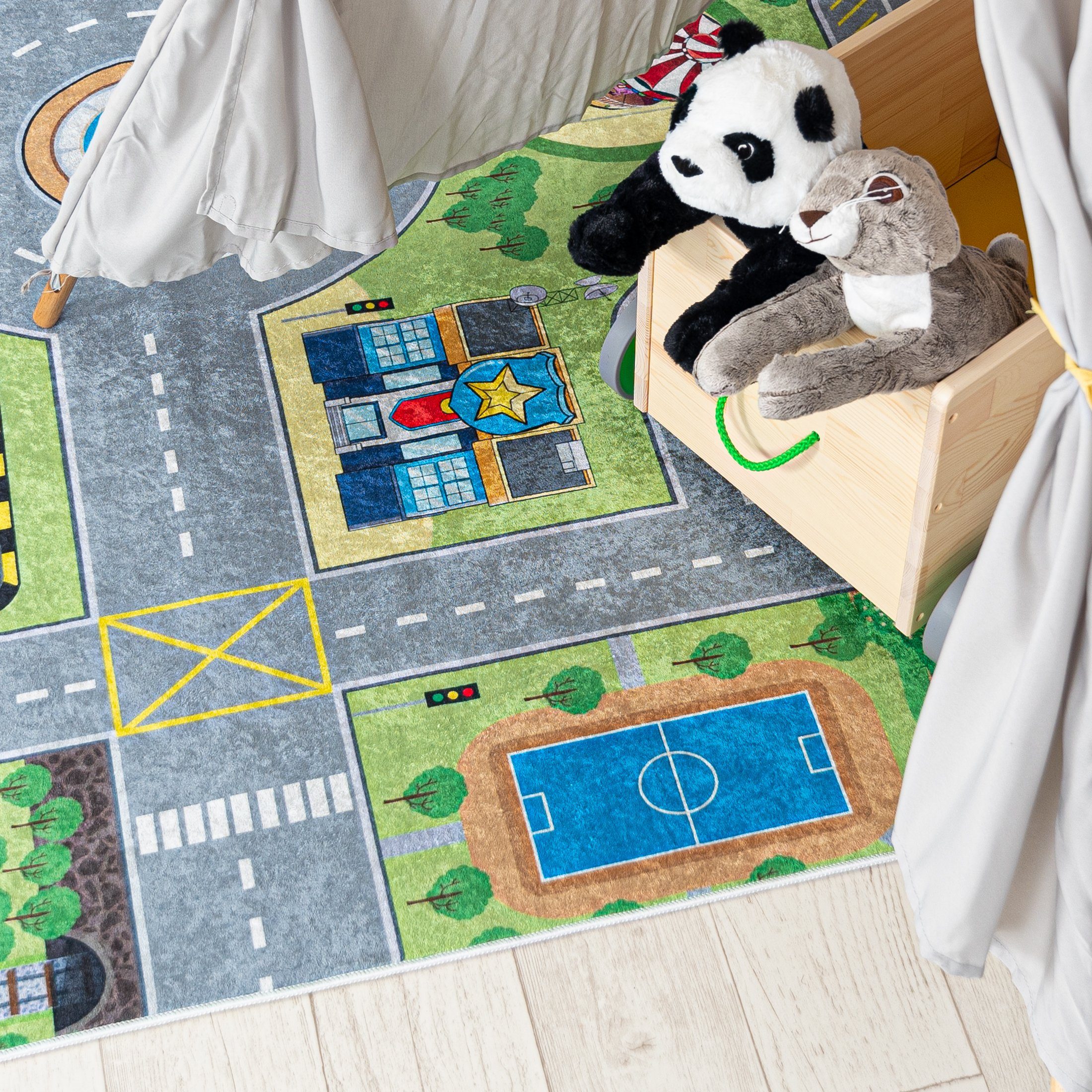 Mazovia Kinderteppich Kinderteppich Kinderzimmerteppich Straße Stadt Straßenteppich, 80 x 150 cm, Kurflor, Waschbar in Waschmaschine, Höhe 5 mm, Rutschfest