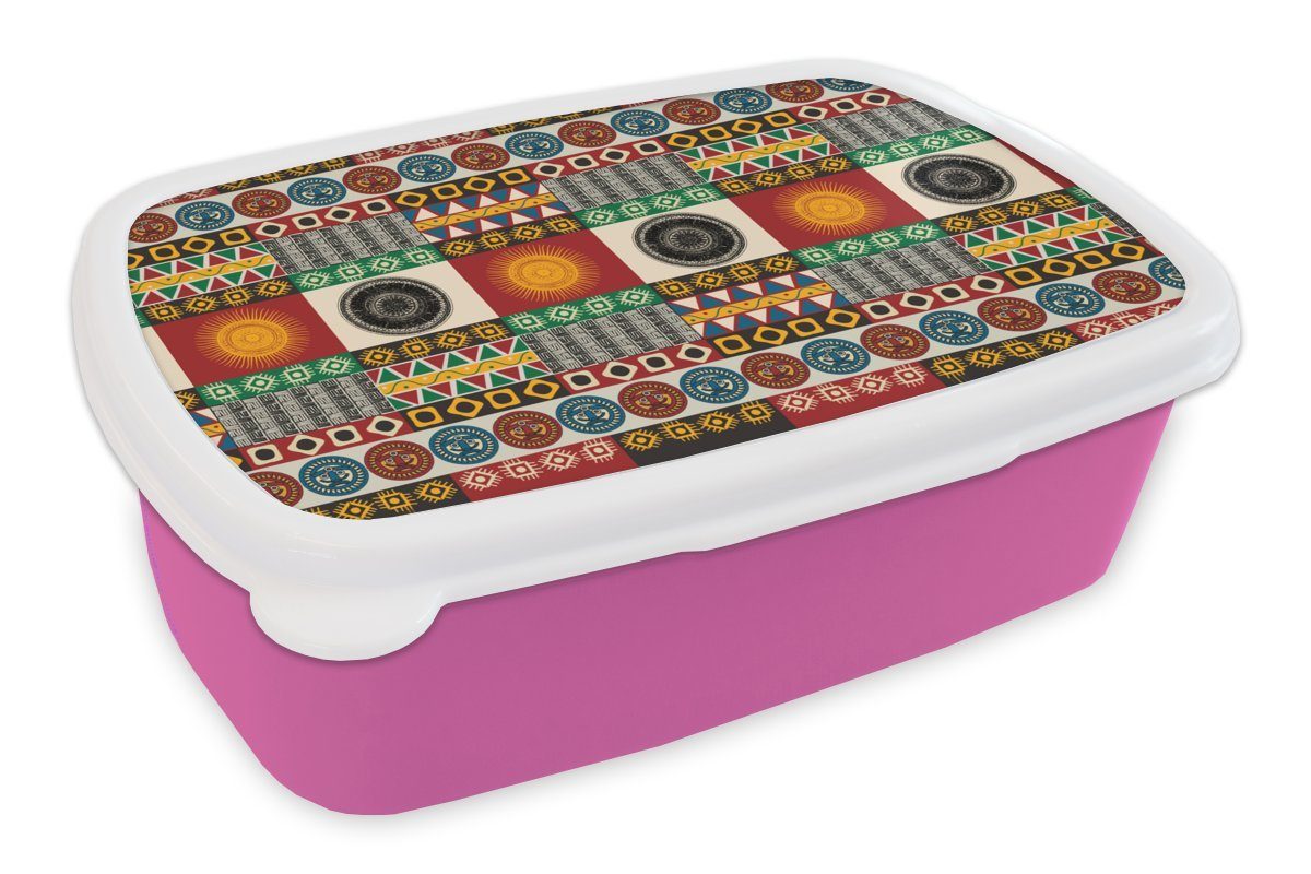 MuchoWow Lunchbox Muster - Maya - Details - Südamerika, Kunststoff, (2-tlg), Brotbox für Erwachsene, Brotdose Kinder, Snackbox, Mädchen, Kunststoff rosa