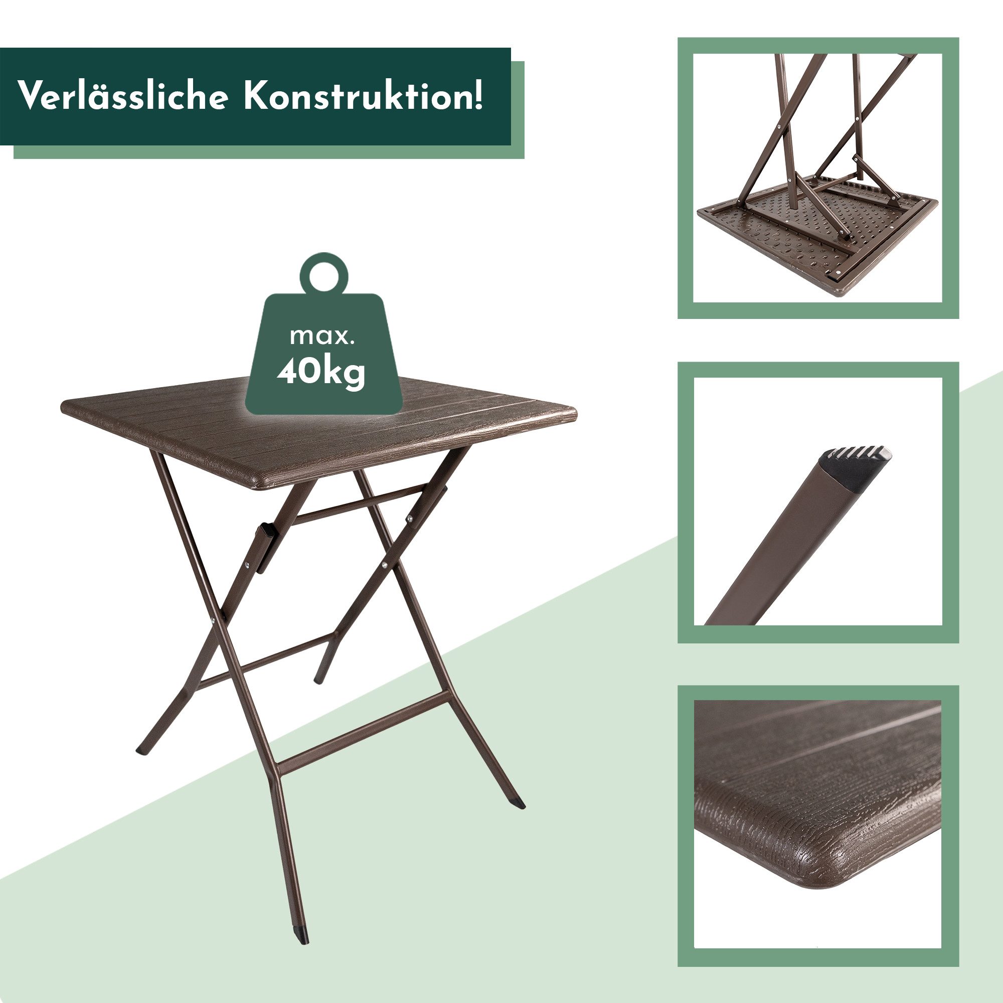 Lemodo Klapptisch Balkontisch mit Kunststoff-Platte in Holz-Optik, 62 cm breit