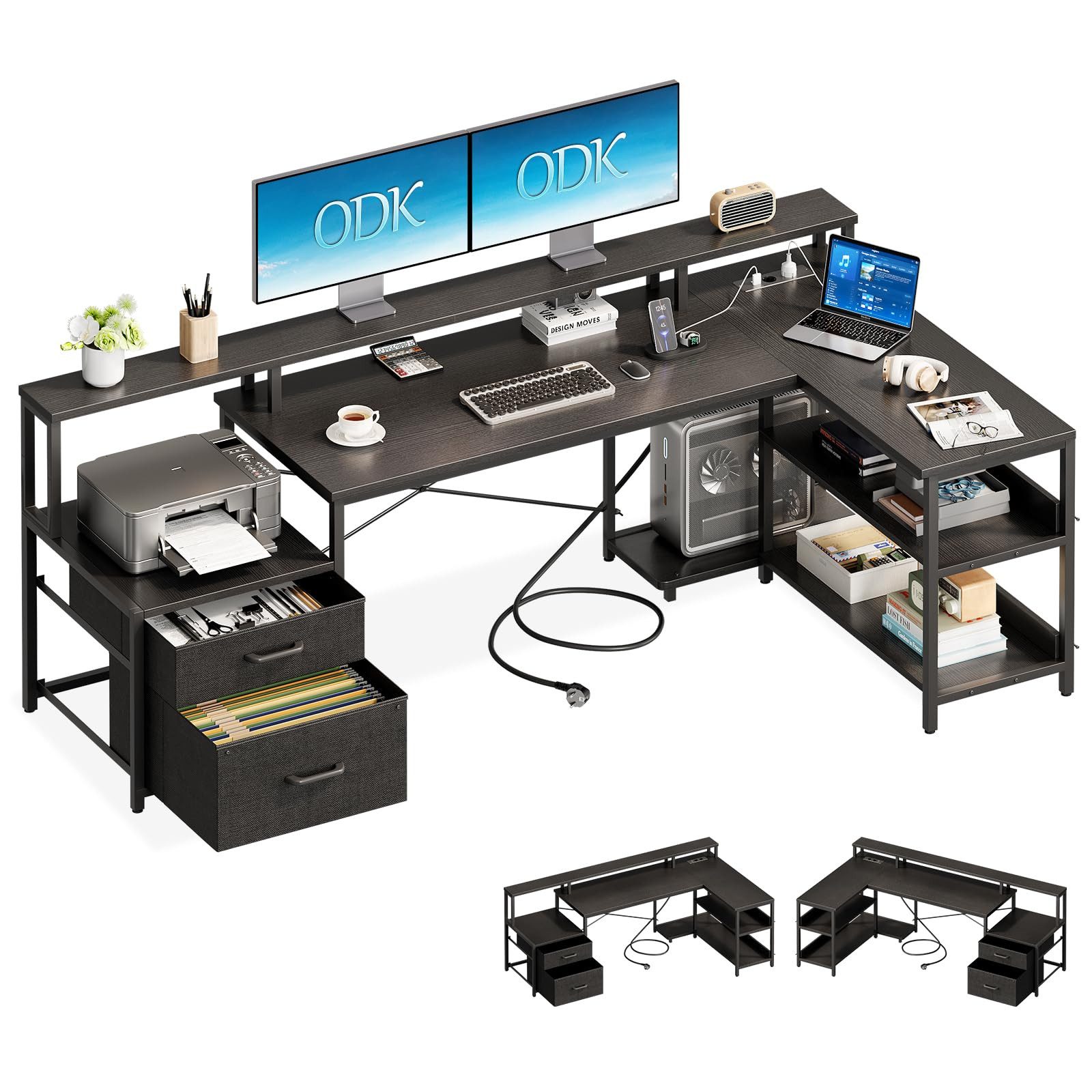 ODK Schreibtisch U-Form, mit Schubladen, Steckdosen & USB-Ladeanschluss (1-St), Gamingtisch mit Monitorständer & Stauraum 172 x100 x 89 cm