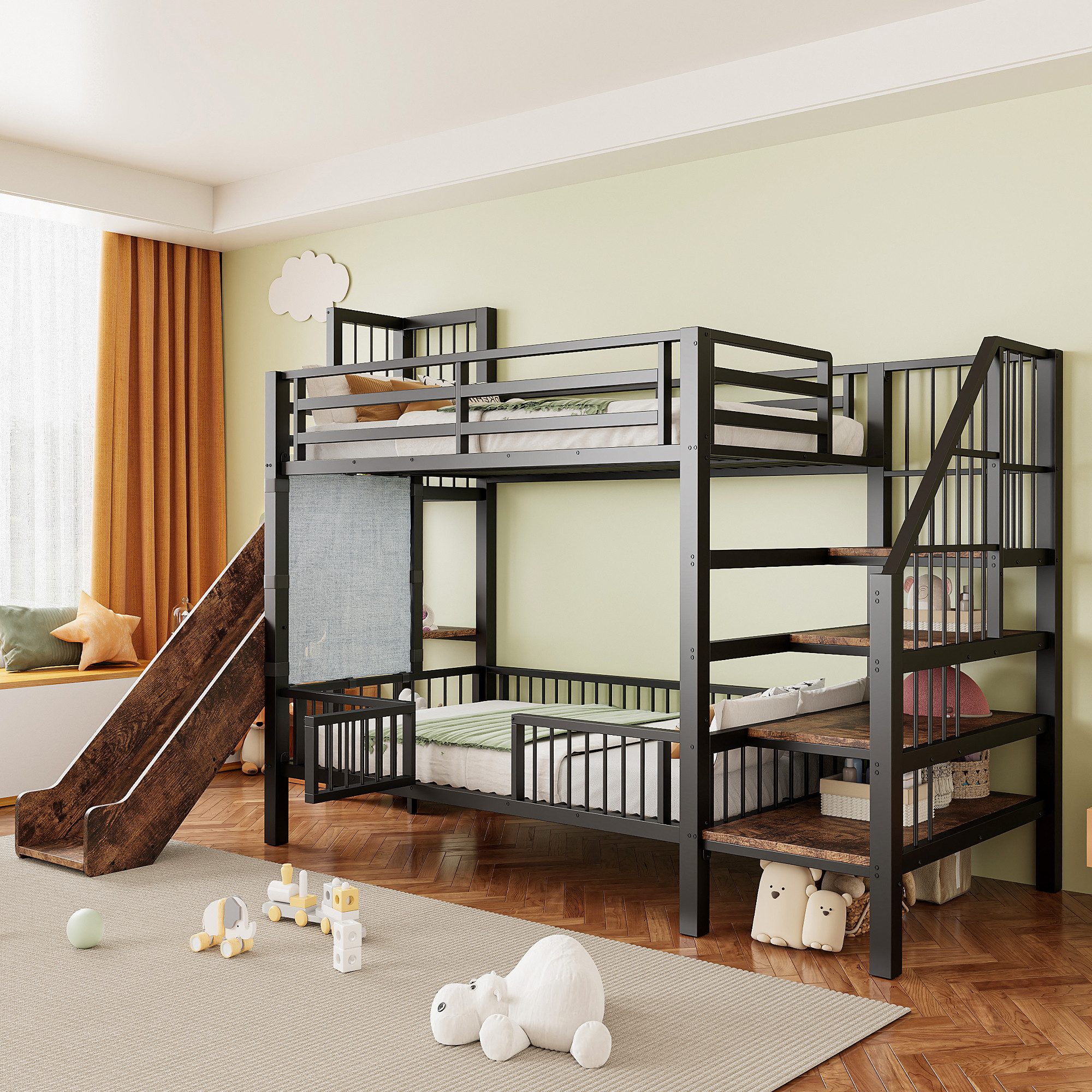 REDOM Etagenbett mit Rutsche, Stauraumtreppe, Kinderbett (Schutzgittertür und integrierten Regalen, Funktionsbett, 90x200 cm), ohne Matratze