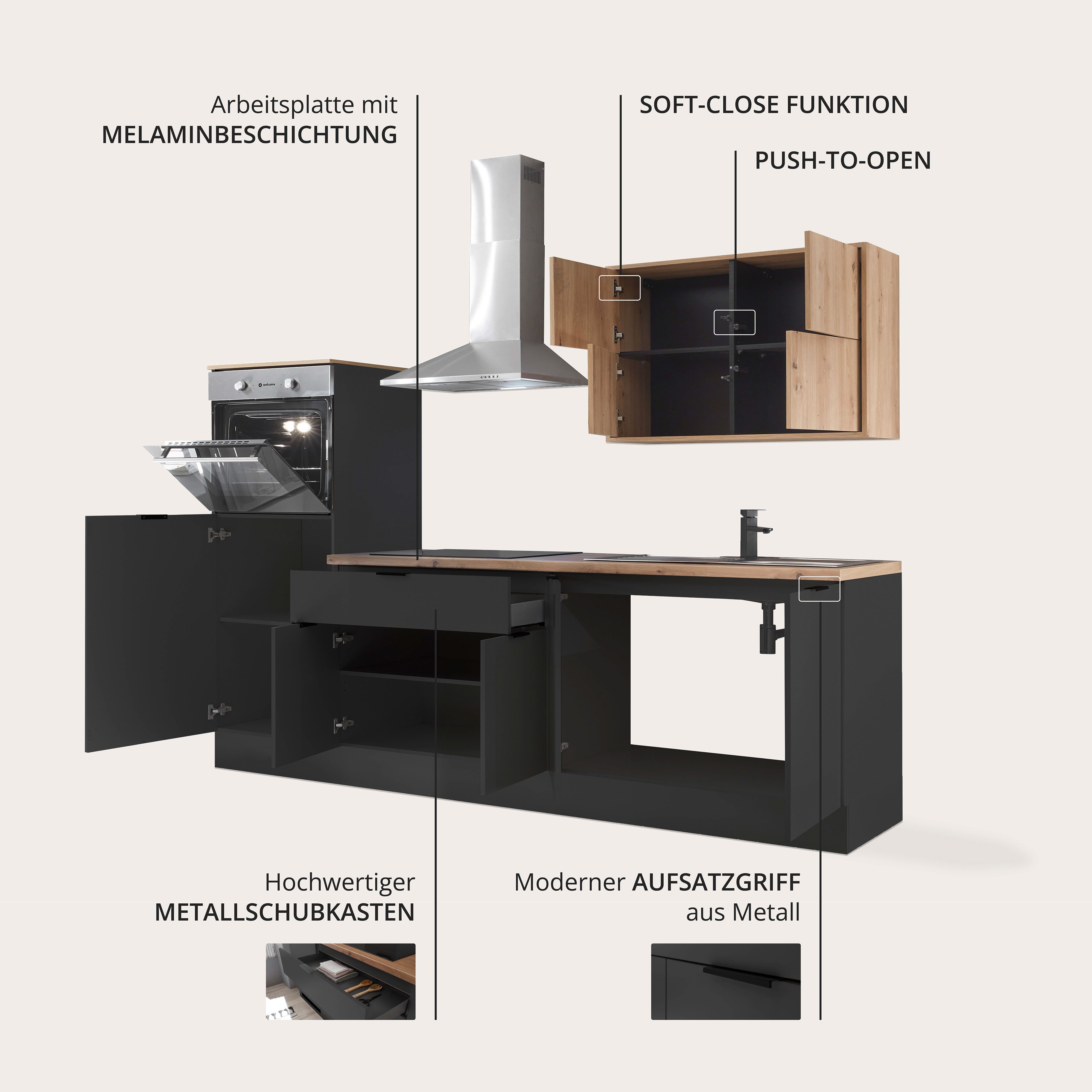 Coin cuisine Kitchenette KS-Georgia, avec plan de travail de 38 mm d'épaisseur, largeur 250 cm, avec appareils électroménagers et réfrigérateur en option