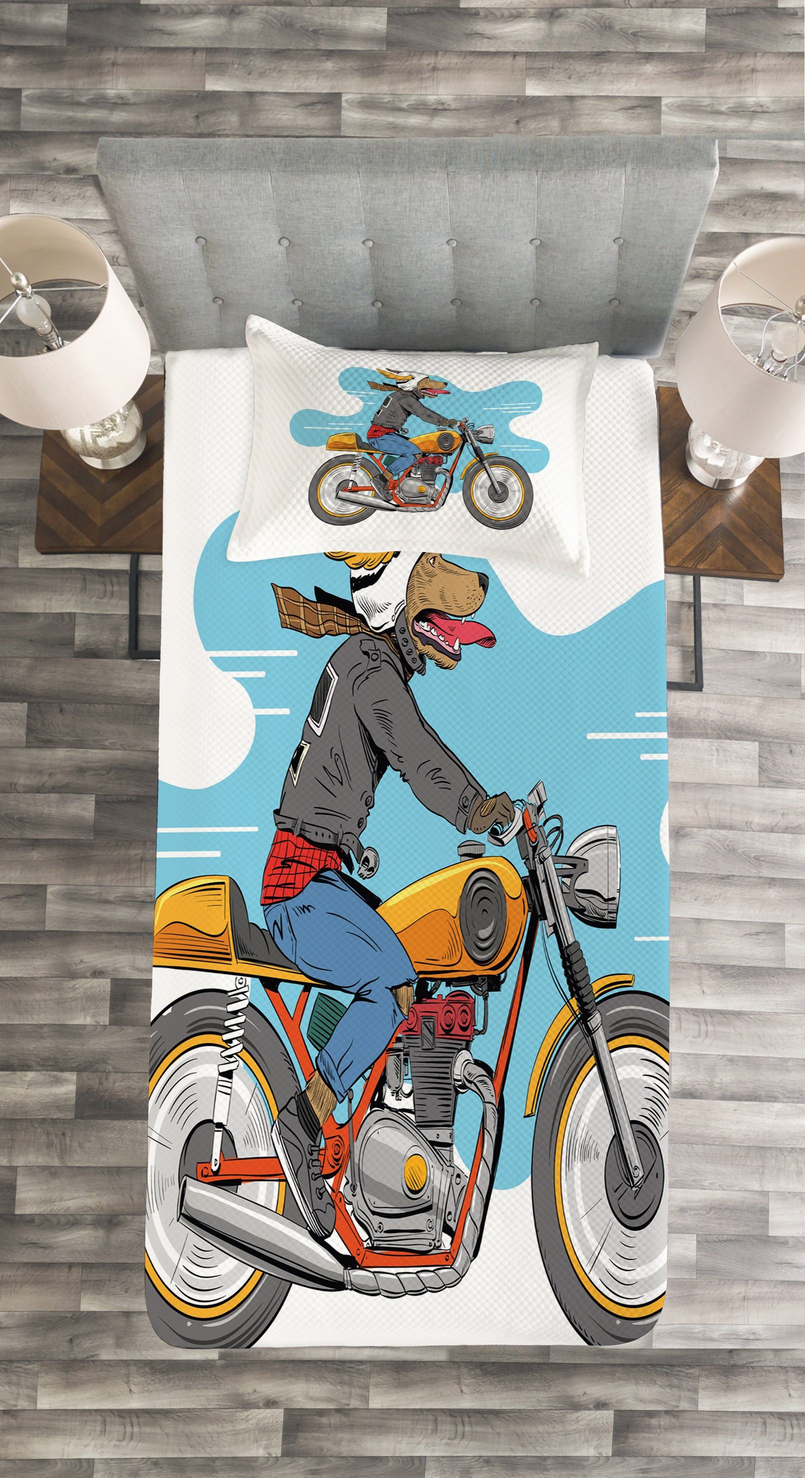 Tagesdecke Waschbar, Kissenbezügen Motorrad Cartoon-Spaß-Hun Abakuhaus, Set mit
