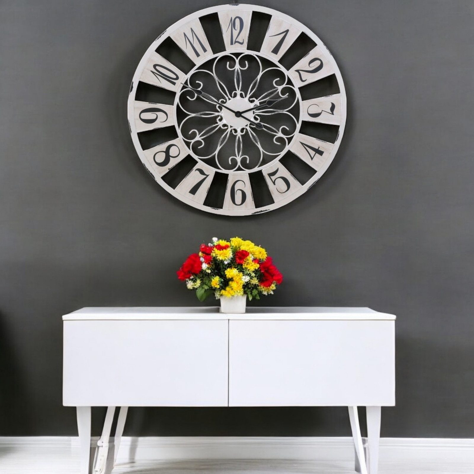 Wanduhr XXL Wanduhr Holz Metall Uhr Wohnzimmeruhr Uhr 75x75cm