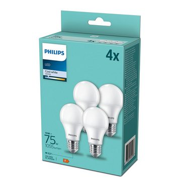Philips LED-Leuchtmittel 4x Philips LED E27 A60 Birne 10W = 75W 1055lm 230V Kaltweiß 4000K, E27, Kaltweiß