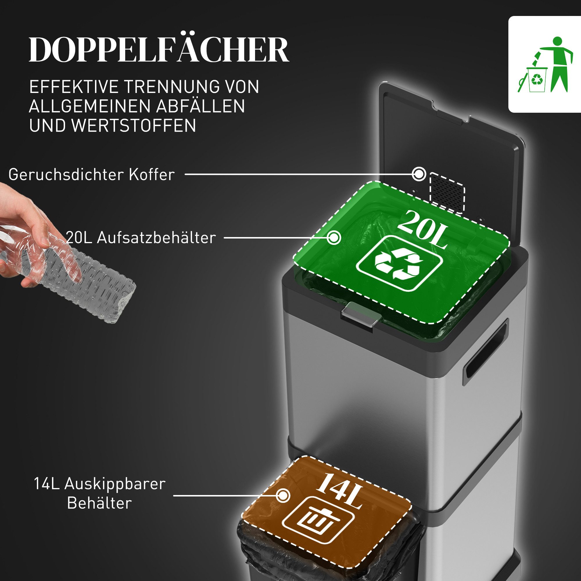 HOMCOM Mülltrennsystem Mülleimer Treteimer mit Fußpedal, Kippfach, Soft-Close-Funktion, für Wohnzimmer Büro Edelstahl Silber 32,5 x 31,5 x 78 cm – Bild 4 von 5