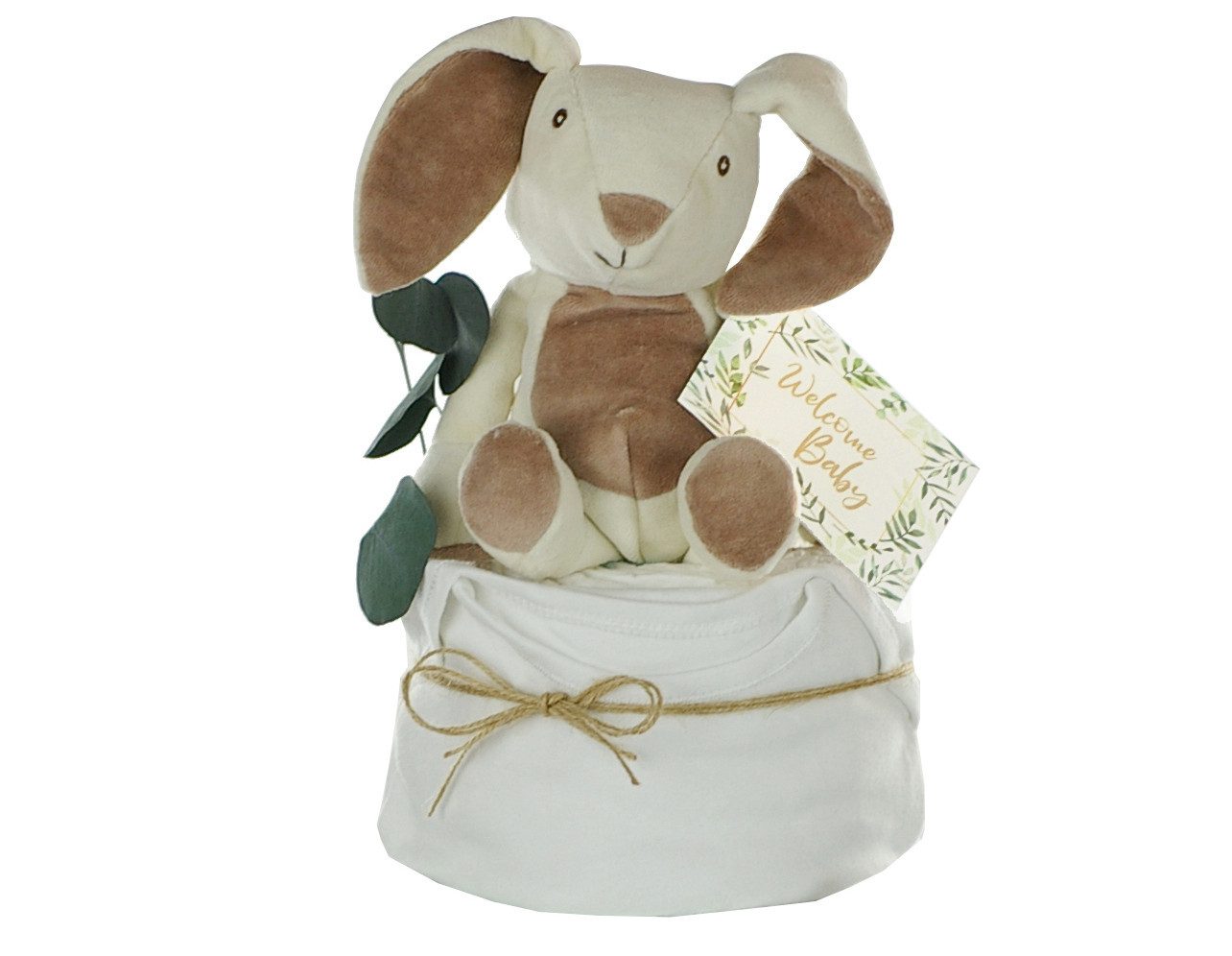 Neugeborenen-Geschenkset Windeltorte neutral, KUSCHELHASE, personalisierbar mit Name
