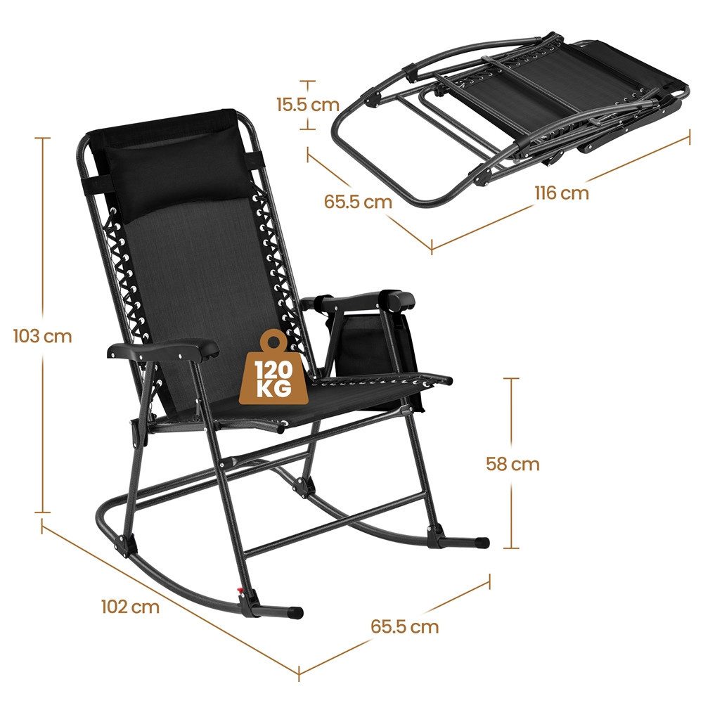 Yaheetech Schaukelstuhl Klappbarer Gartenstuhl mit Abnehmbarem Kopfkissen, Faltbarer Stuhl bis 120 kg Belastbar für Außenbereich