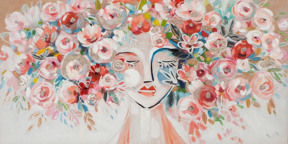 ArtUniverse Gemälde Leinwandbild Frau mit bunten Blumen 70 x 140 cm, Menschenmotiv
