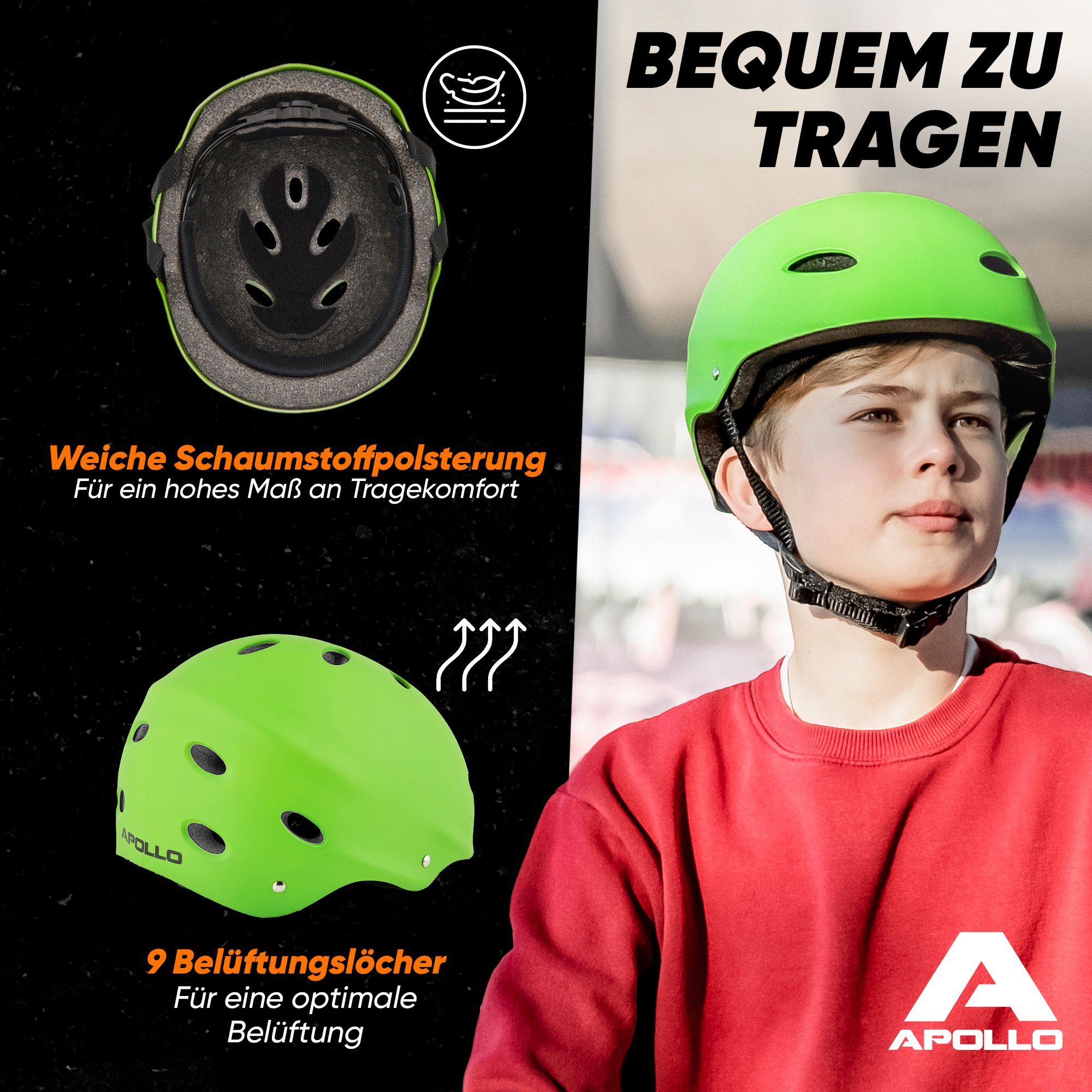 Apollo Kinderhelm Skatehelm für Kinder - Verstellbarer Drehrad-Anpassung und Erwachsene Kinderfahrradhelm Jungen und Mädchen mit Grün Skaterhelm, für