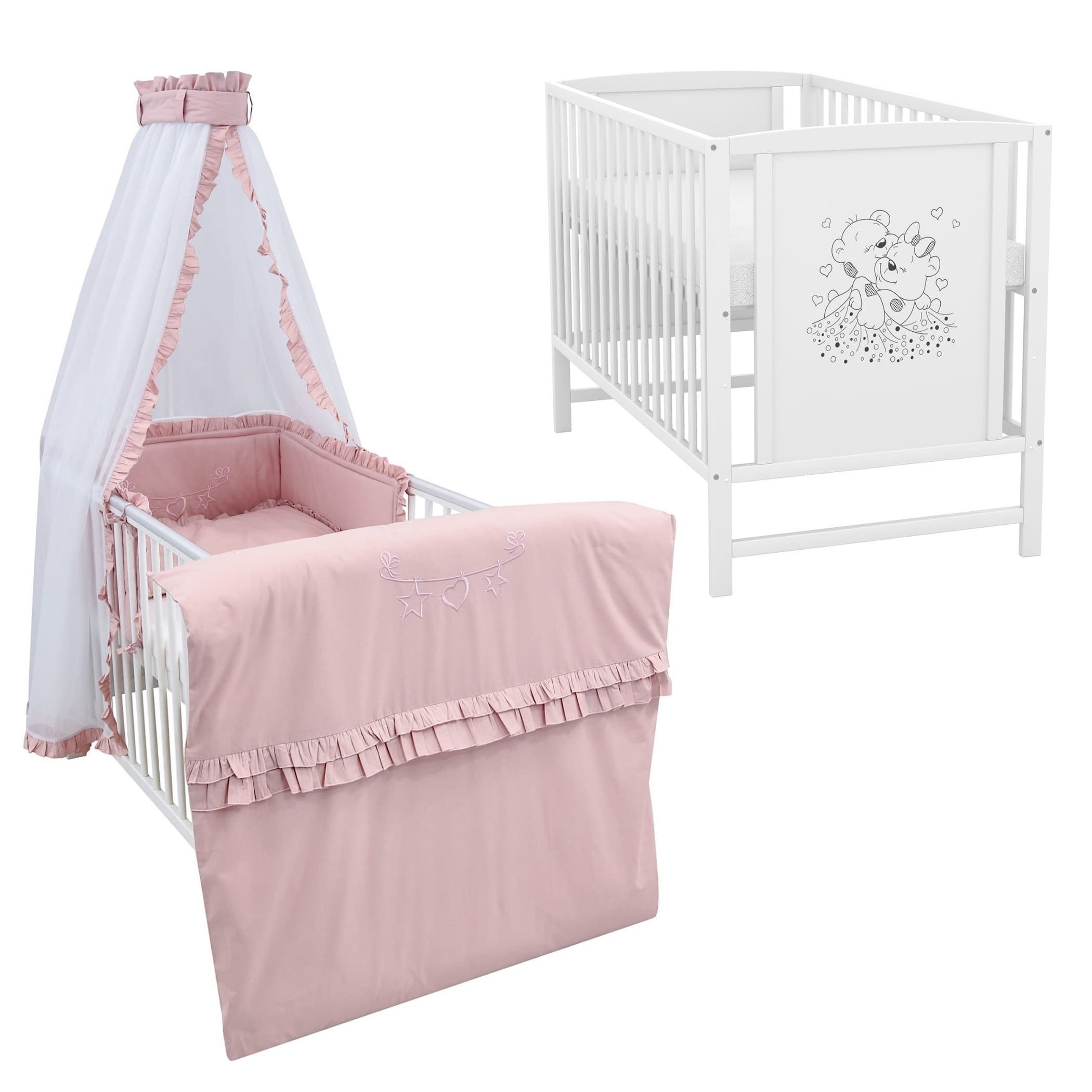 Baby-Delux Komplettbett Babybett Mia Komplettset Royal Rüsche, 10-tlg., Kinderbett 60x120 cm weiß, Bettset verschiedene Designs