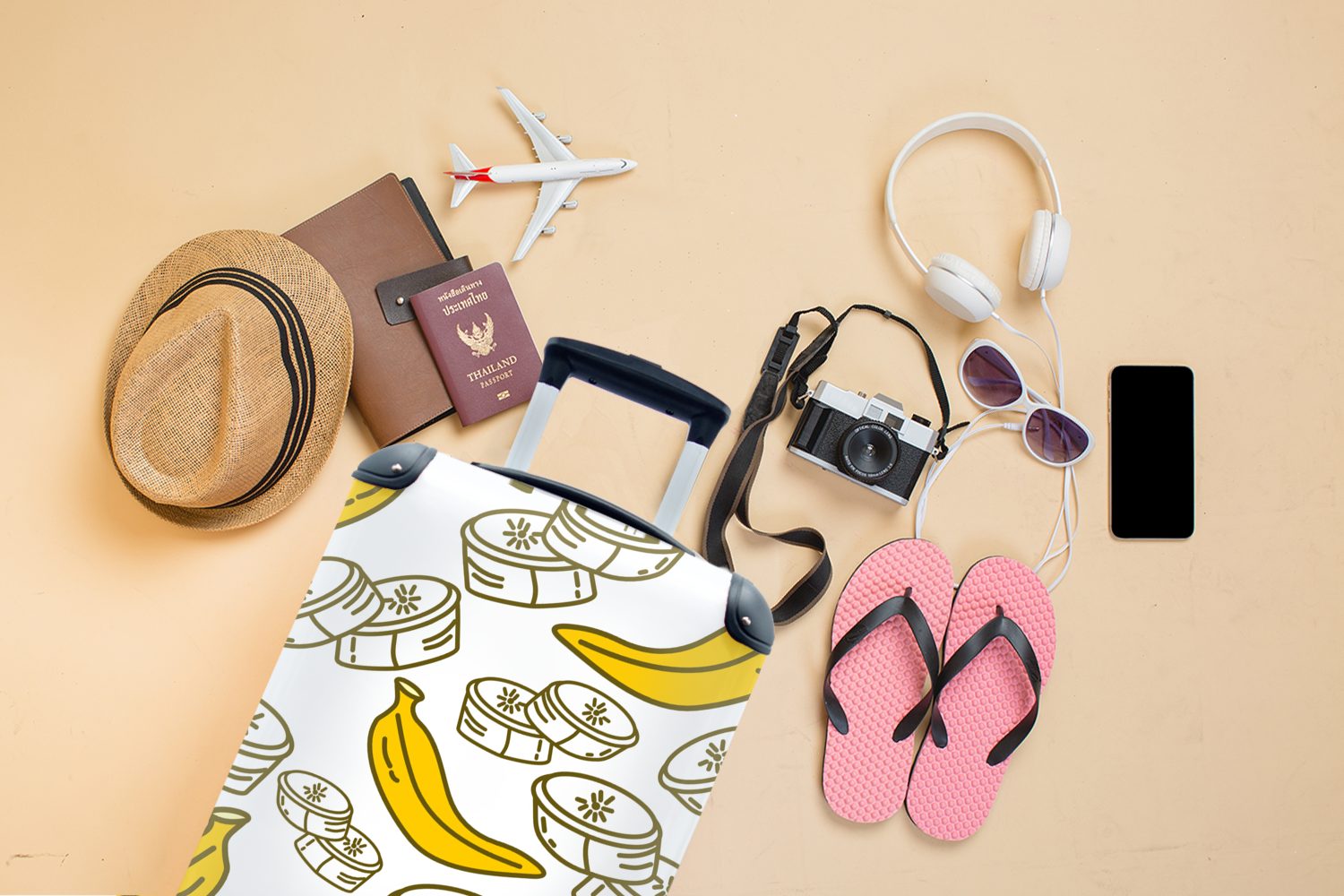 Ferien, Handgepäckkoffer Reisetasche Muster für Rollen, - rollen, - Handgepäck Reisekoffer MuchoWow Obst, Trolley, 4 mit Banane