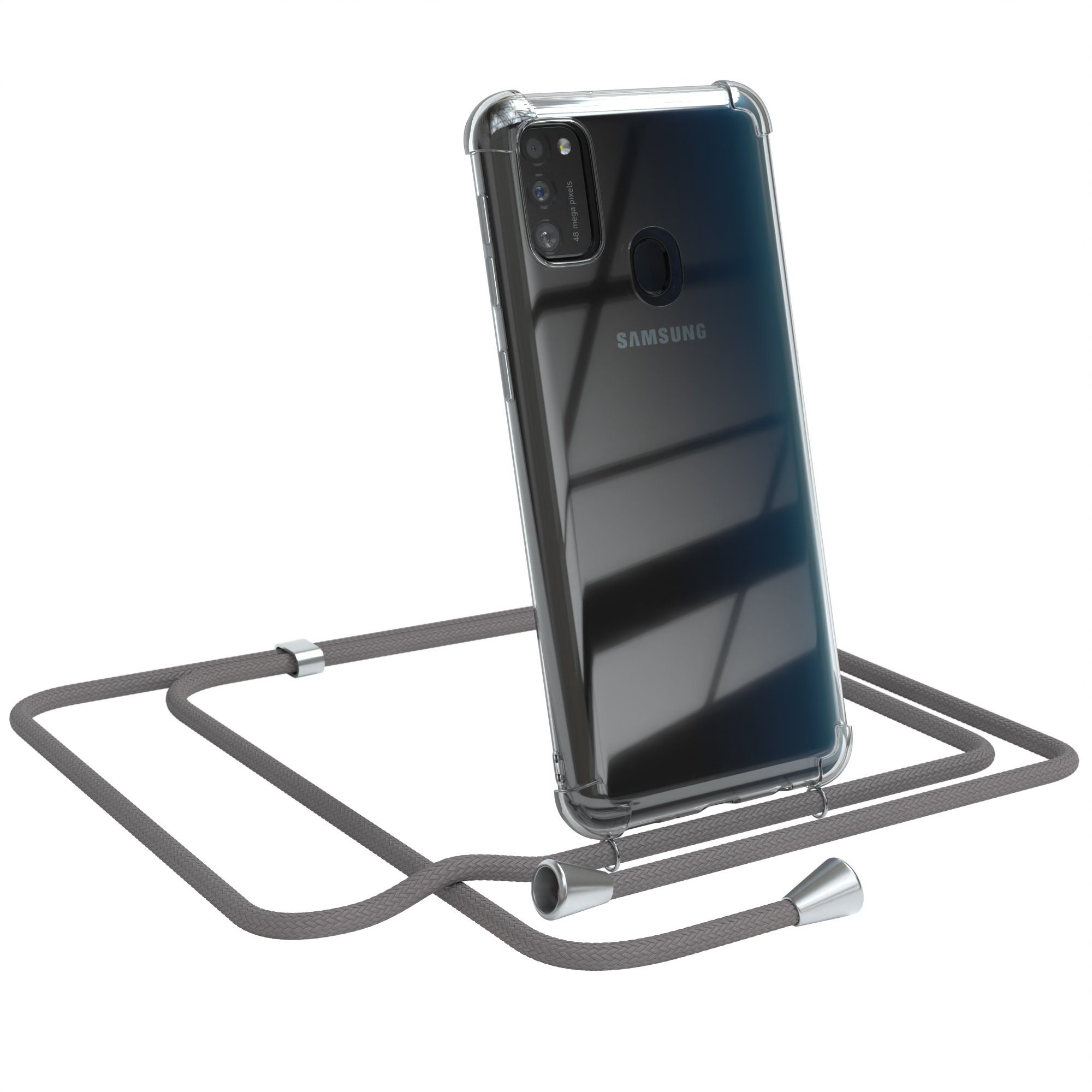 EAZY CASE Handykette Hülle mit Kette für Samsung Galaxy M30s / M21 6,4 Zoll, Slimcover Handykette Hülle mit Band Handykordel Clear Case Slim Grau