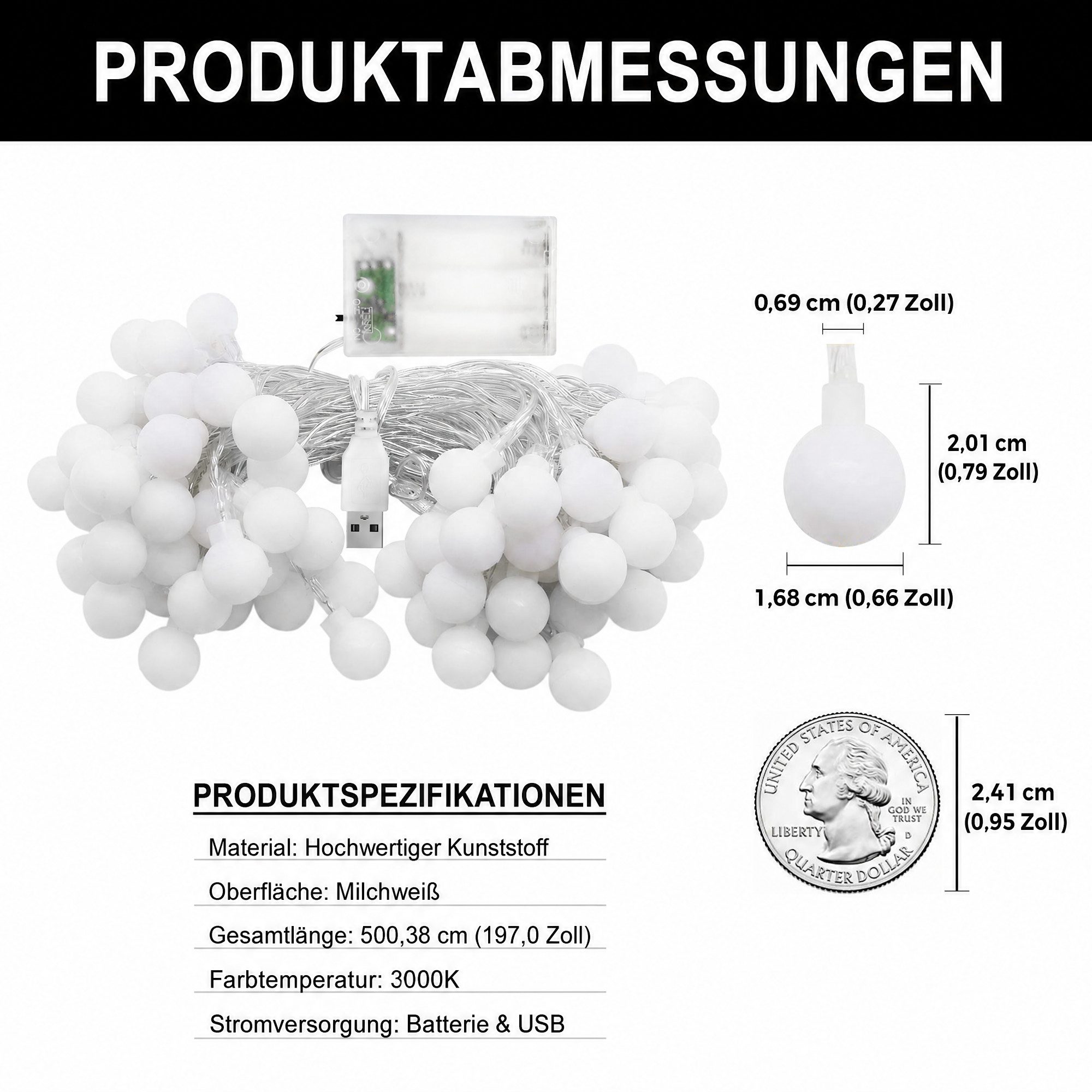 LOHAS-LED LED-Lichterkette Kugel-Lichterkette mit 40 LED-Kugeln IP65 wetterfest, 40-flammig, Gesamtlänge 4+1 m, Batterie- & USB-Betrieb