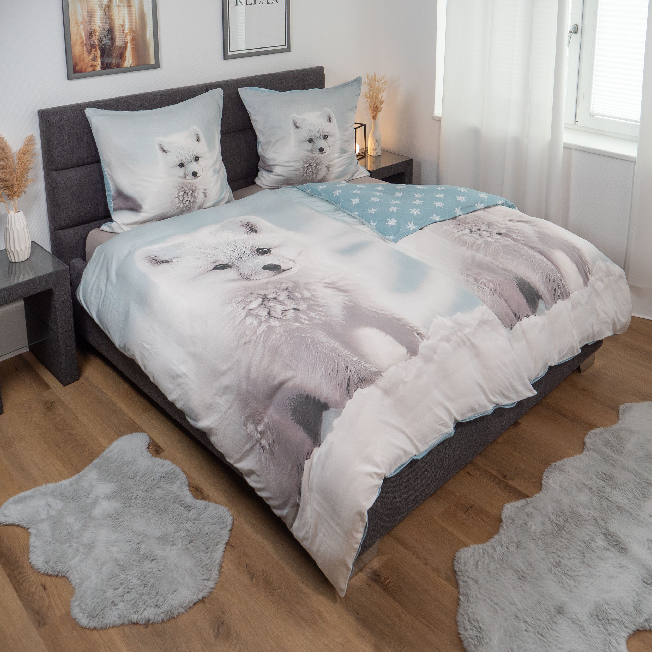 good morning Bettwäsche Comfort Baumwolle, Flanell, 2 teilig, Polarfuchs, Schneeflocken, Wendebettwäsche – Bild 2 von 5