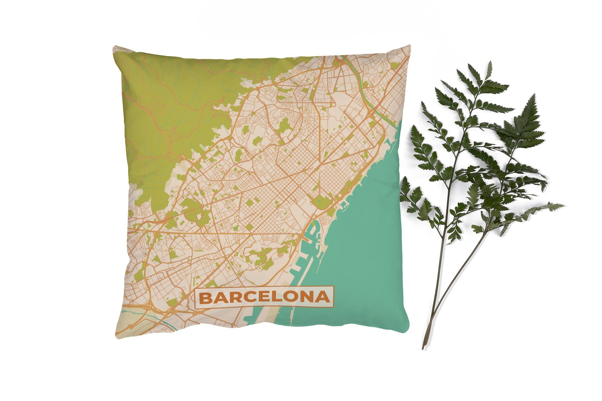 - Barcelona Füllung Sofakissen Dekokissen Deko, Zierkissen - für MuchoWow mit Schlafzimmer, Karte Wohzimmer, Stadtplan Vintage, -