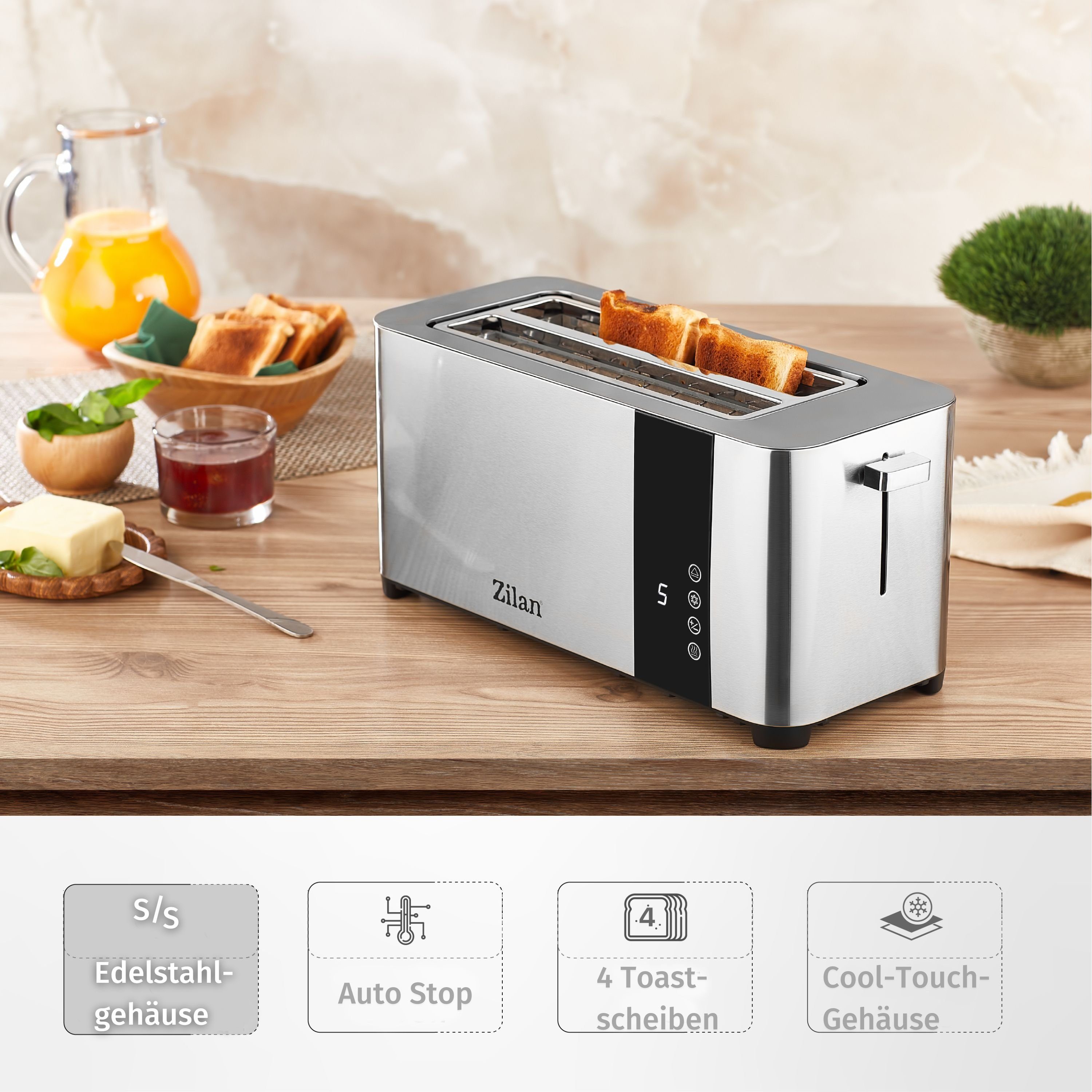 Zilan Toaster ZLN-6234, 2 lange Schlitze, für 4 Scheiben, 1400 W, Edelstahl Gehäuse,Brötchenaufsatz,Krümelschublade