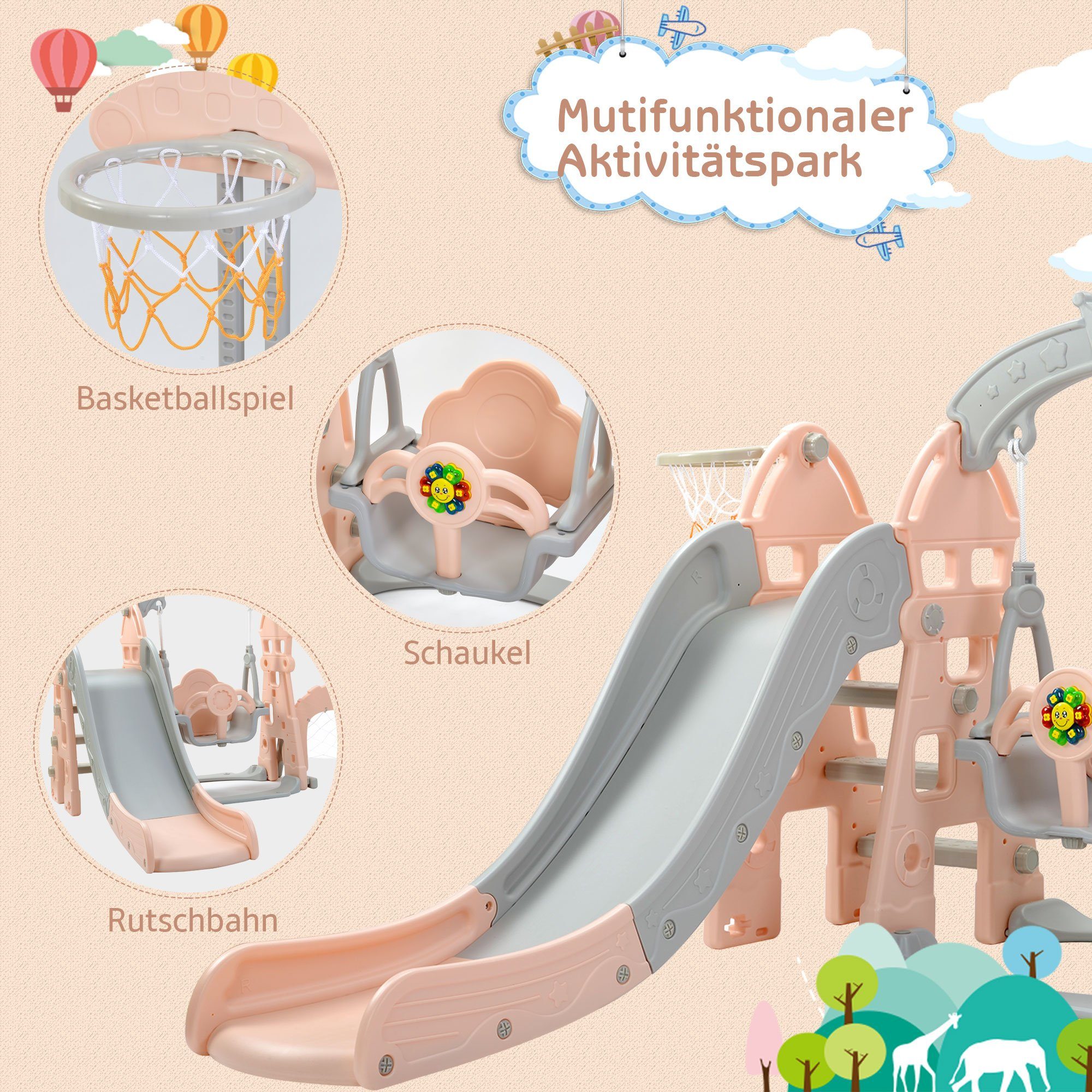 Rutsche, (Kleinkinderrutsche Gartenrutsche für 2-8 Jahre Kinder), Kinderrutsche mit Basketballkorb, Fußballtor, Schaukel und Kletterturm