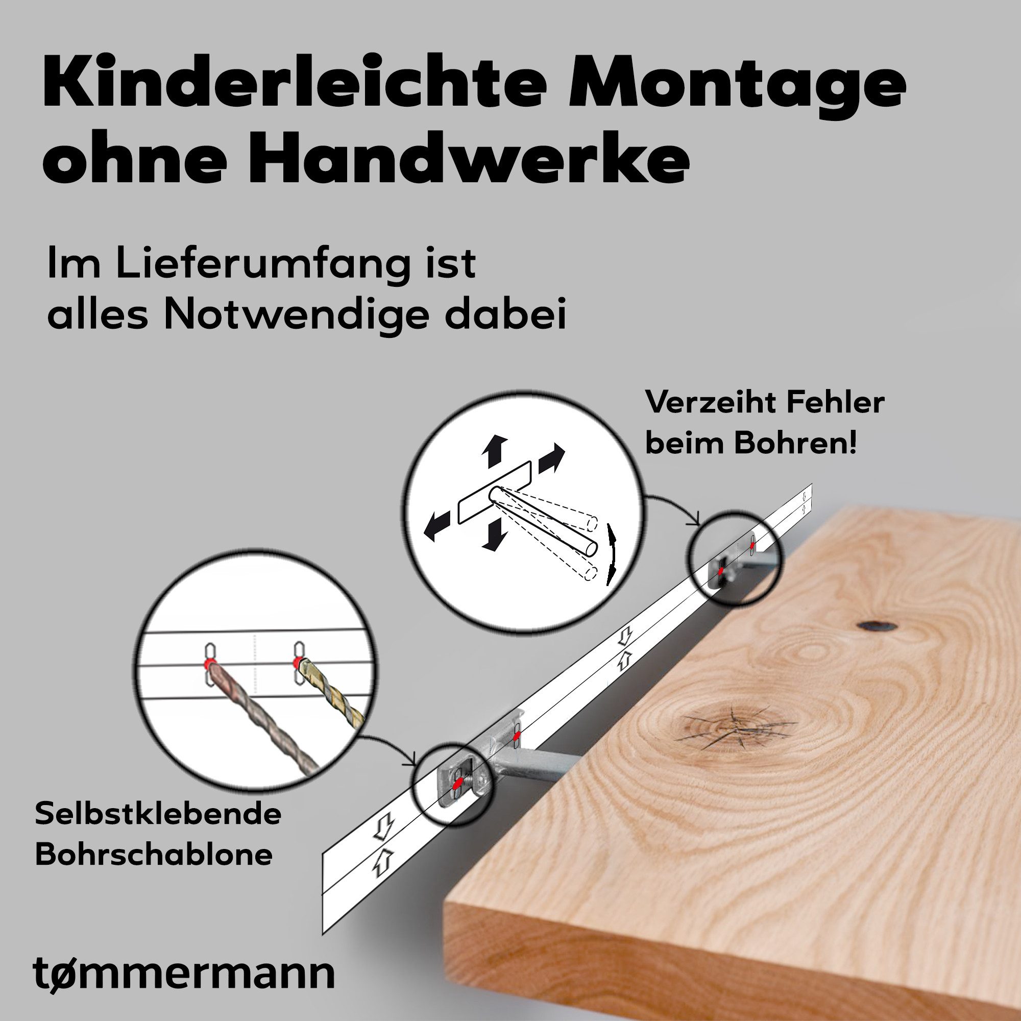 tømmermann Wandregal Schweberegal Holzregal mit Baumkante - Hängeregal aus Massivholz, Komplett-Set – Bild 4 von 5