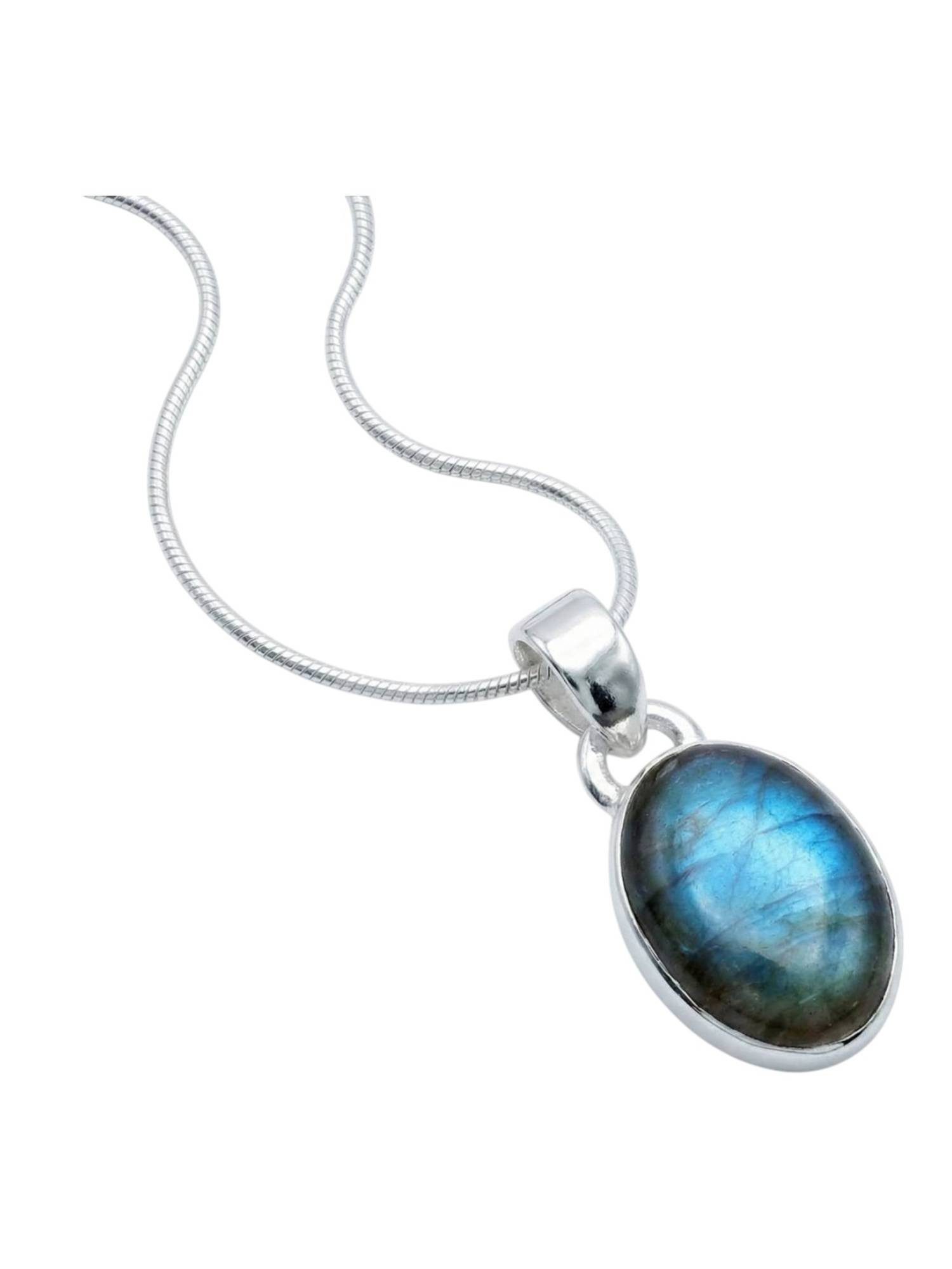 mantraroma Kette mit Anhänger SAMA oval aus 925 Silber mit Labradorit (Kettenanhänger uns Kette), 925 Sterling Silber Ketten mit Kettenanhänger für Damen