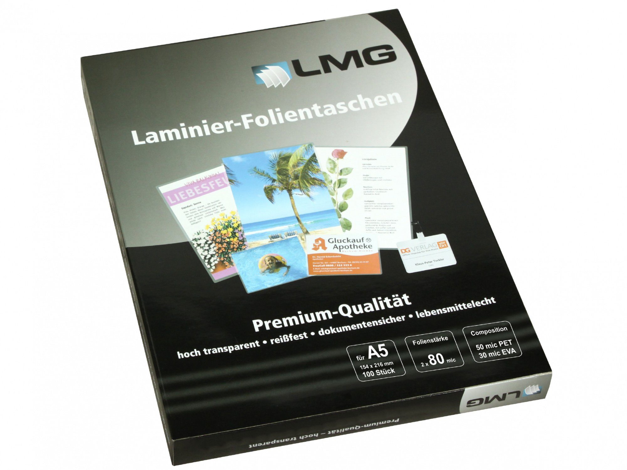 LMG Germany Laminierfolie LMG Laminierfolien A5 (154 x 216 mm), 2 x 80 mic, glänzend, 80 µm, glänzend, 100 St., hohe Qualität, blasenfreie Laminierung, Digitaldruck, Außenbereich