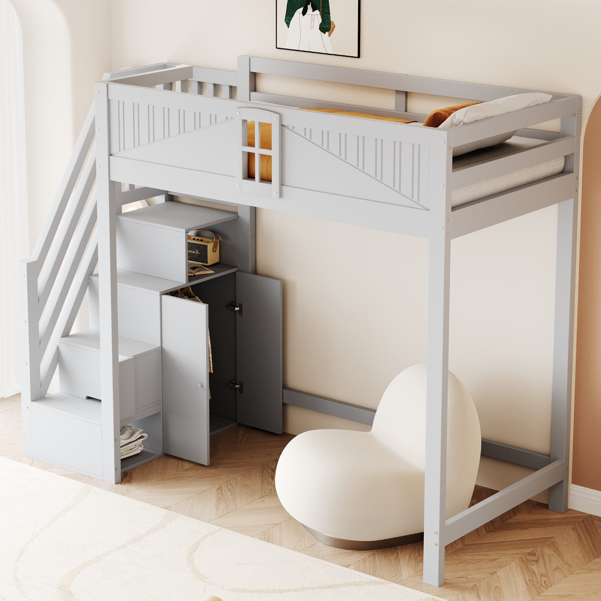 OKWISH Kinderbett Hochbett (mit Sicherheits-Tür und Fenster, Auswechselbarer Seitenleiter, Viel Stauraum, 90x200 cm), ohne Matratze