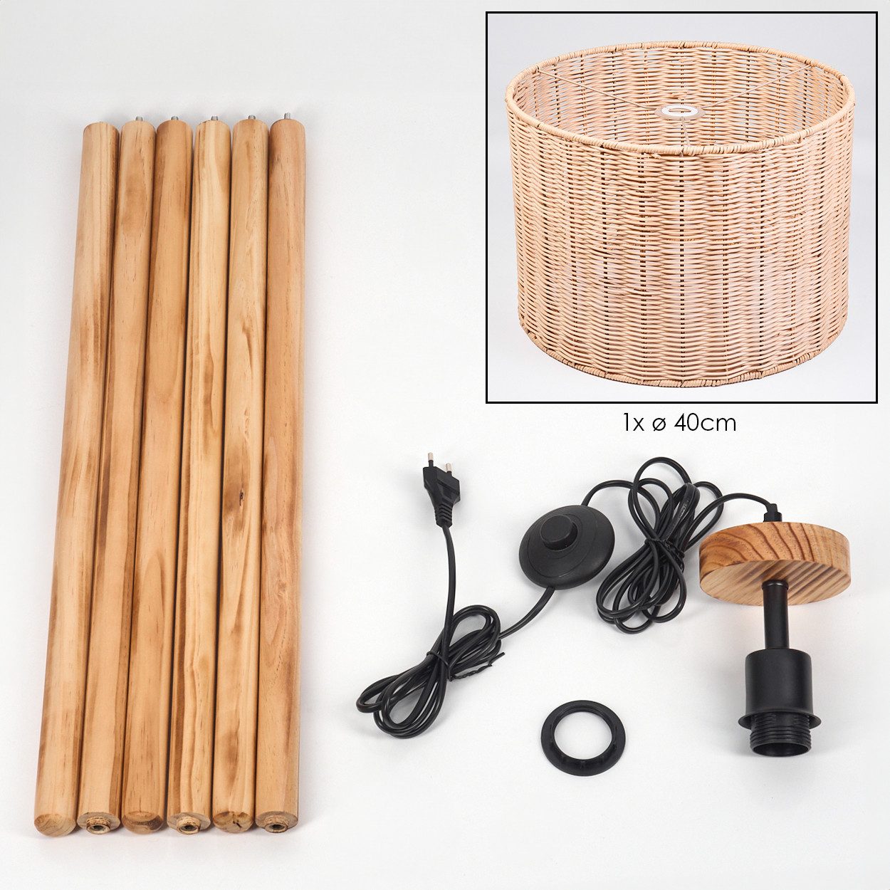 hofstein Stehlampe Stehlampe mit Holzfuß und Schirm aus Rattan, ohne Leuchtmittel, Boho-Style, skandinavisches Design (40 cm), Fußschalter, 1 x E27 – Bild 5 von 5