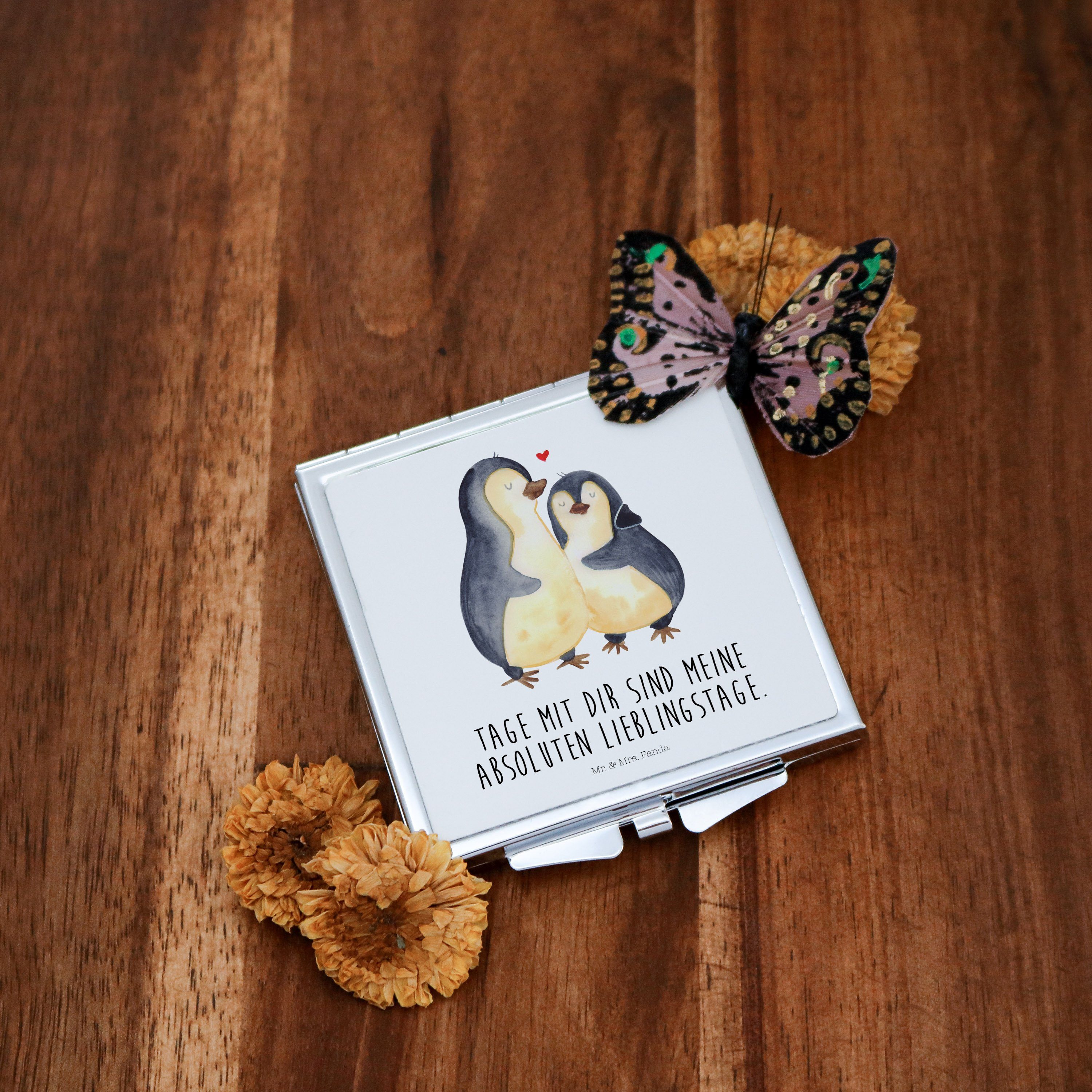 Pinguin Jahrestag, Geschenk, - Kosmetikspiegel Panda & Mrs. umarmend Mr. Weiß - Quadrat (1-St) Liebe, silber,