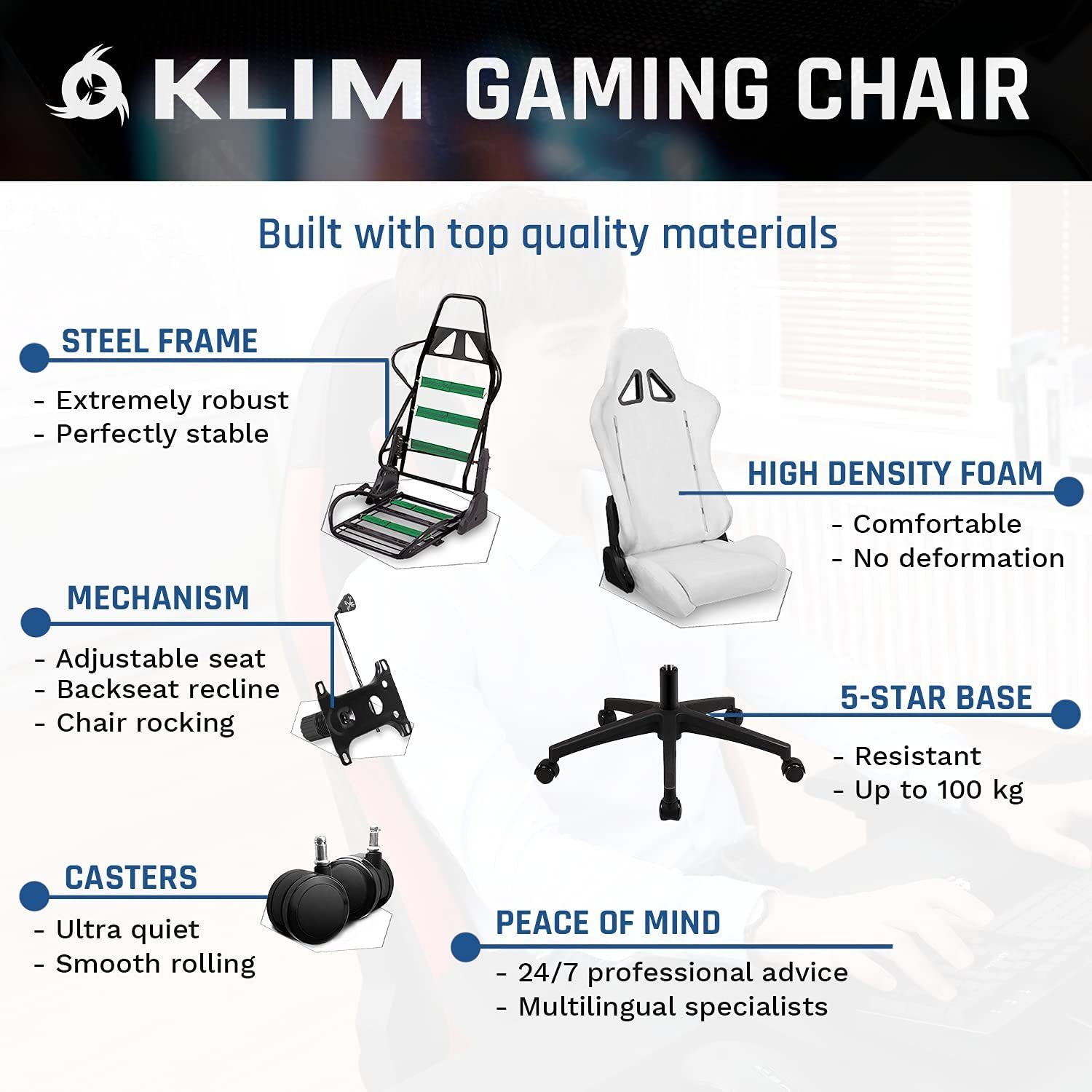 Stuhl Gaming Sitzmöglichkeit, Ergonomischer KLIM 1st Gaming Stuhl, Weiß Qualität, Hochwertige Stylischer Gaming-Stuhl fürs