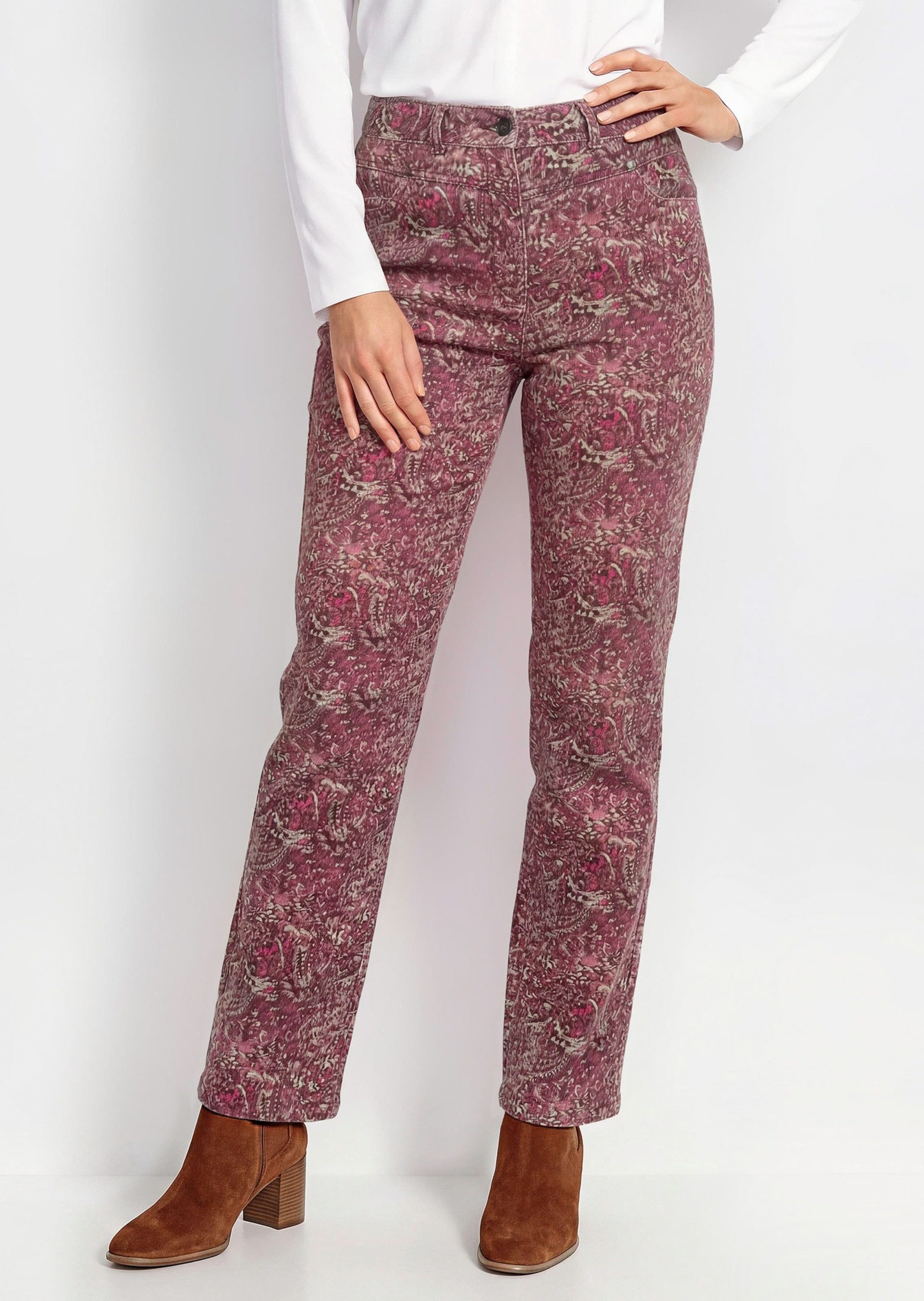 GOLDNER Stoffhose Cordhose LOUISA mit Paisley-Druck Feincordhose mit Formbund, Sattelpassen und schmalem Beinverlauf