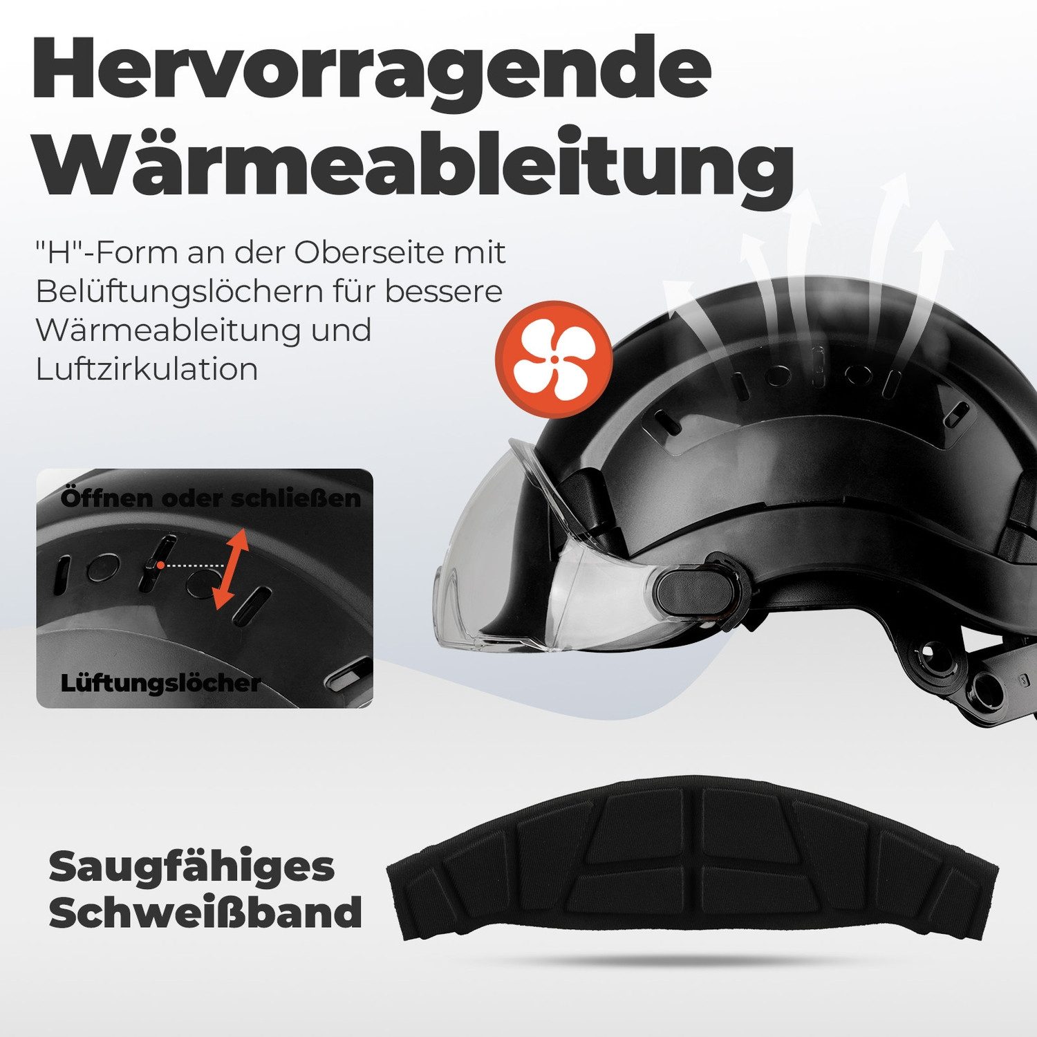 Mustbau Schutzhelm EN397 Schutzhelme mit Schweißband und Visier, 53 bis 63cm Verstellbarer Kopfumfang, strapazierfähiges ABS-Material