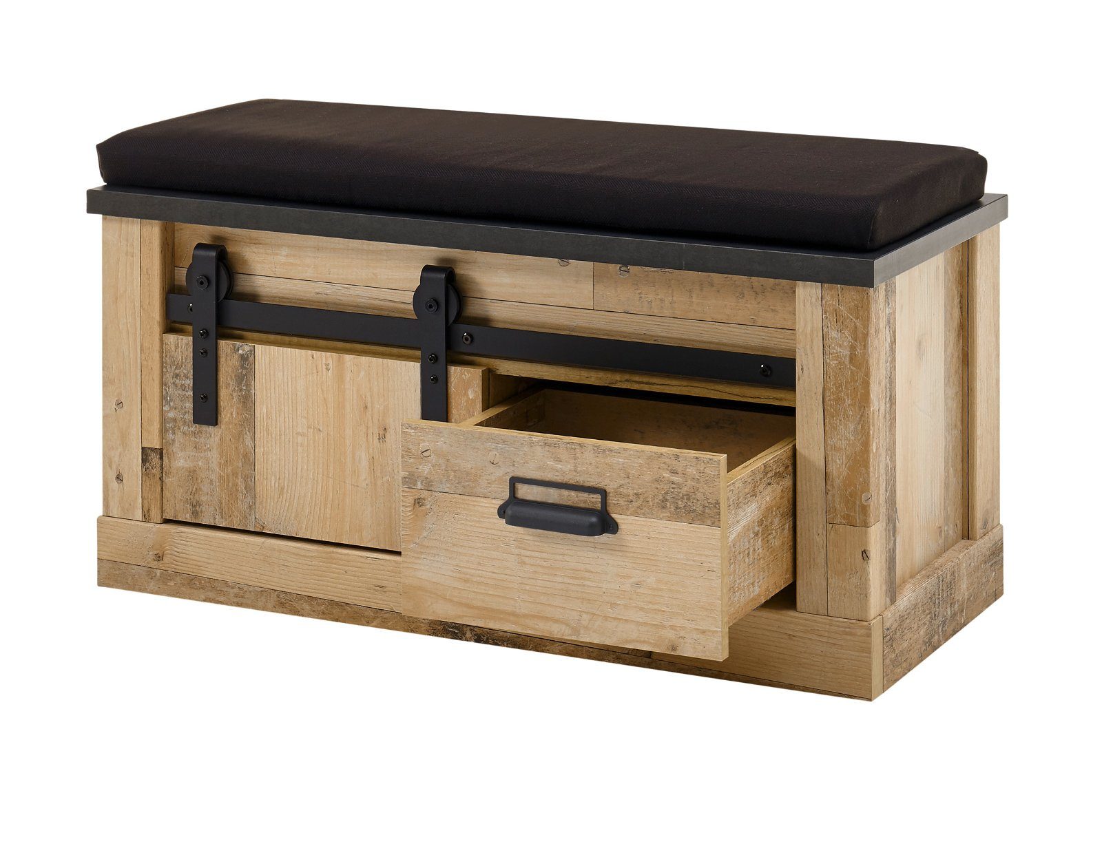 Furn.Design Schuhbank Stove (Garderobenbank in Used Wood Vintage, 93 x 46 cm), mit Schiebetür