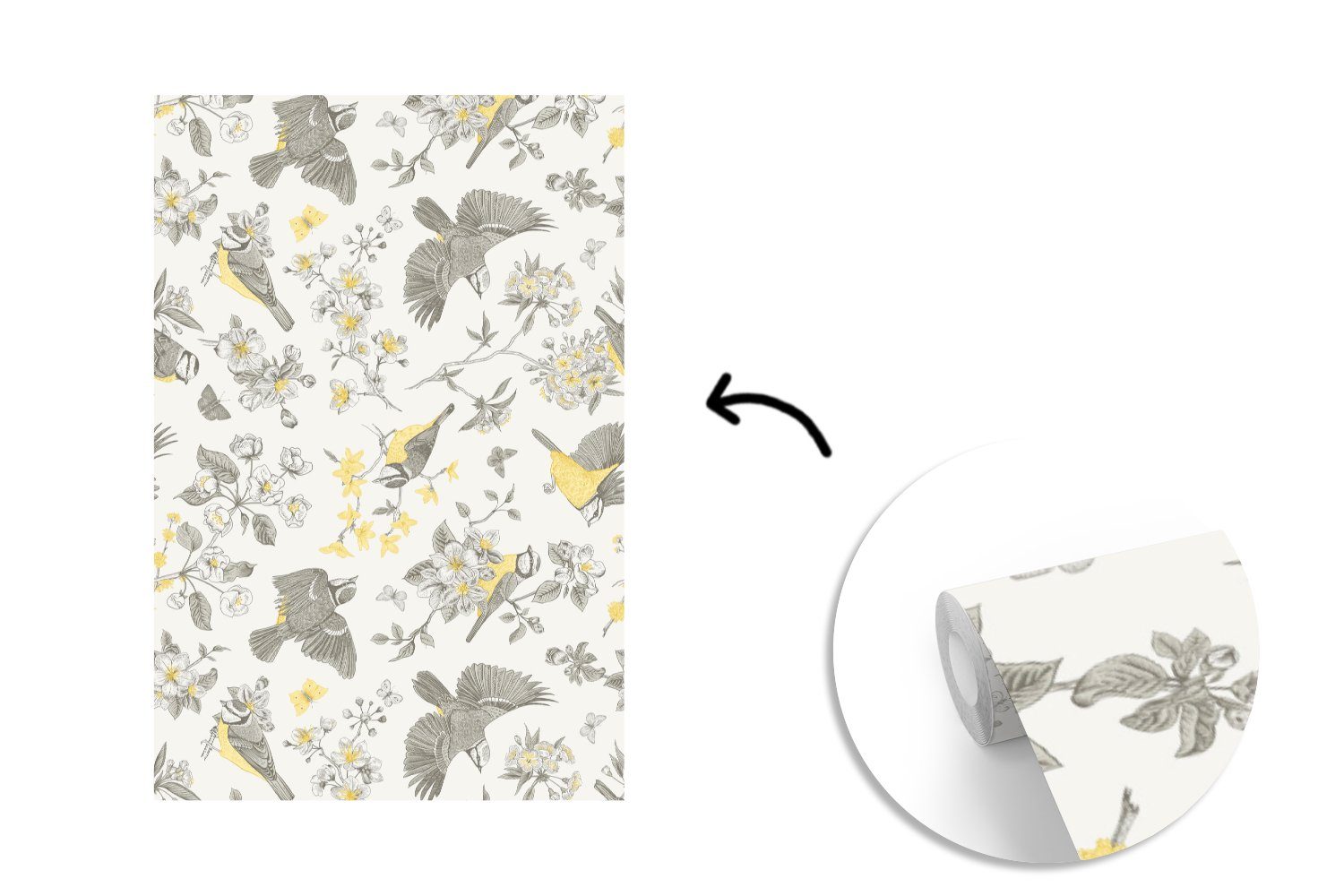 bedruckt, Fototapete MuchoWow Matt, (3 Vinyl Muster, - Tapete Wohnzimmer, - St), Blumen Montagefertig für Vogel Wandtapete
