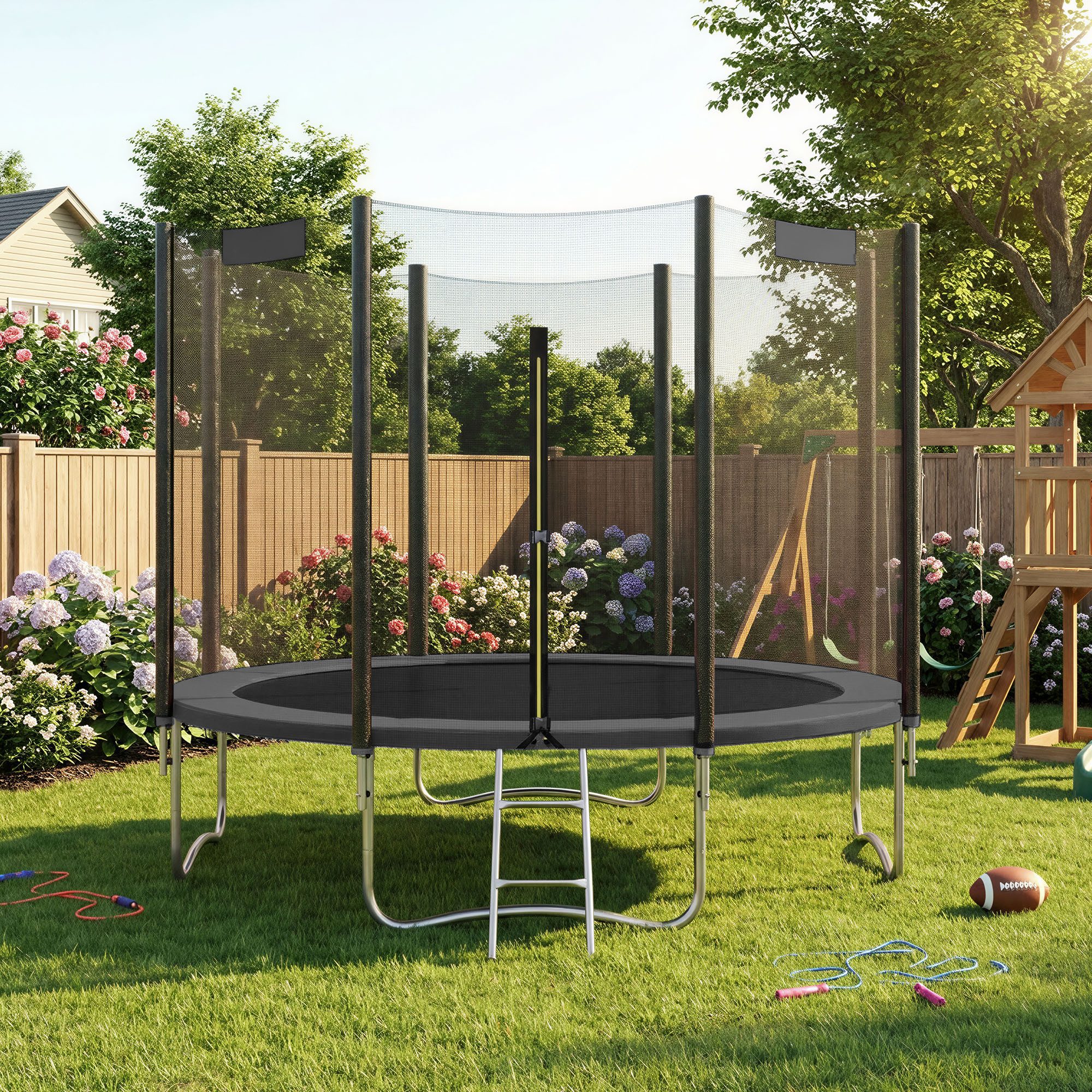 SONGMICS Gartentrampolin mit Randabdeckung, Sicherheitsnetz, Leiter und gepolsterten Stangen, Ø 305 cm, Ø244/Ø305/ Ø366 cm, mit Leiter und gepolsterten Stangen