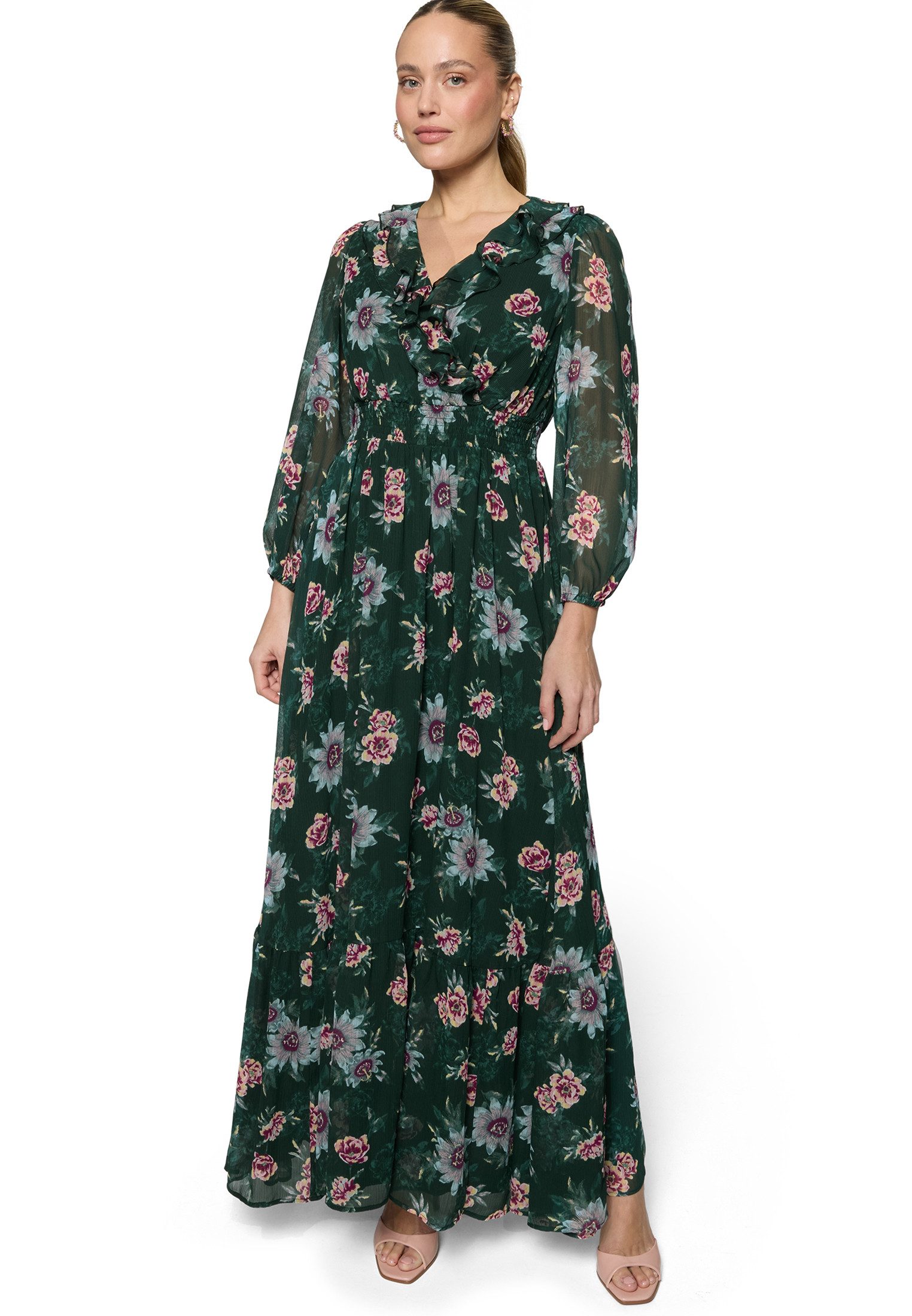Zero Maxikleid Damen langarm mit Blumen Rüschen