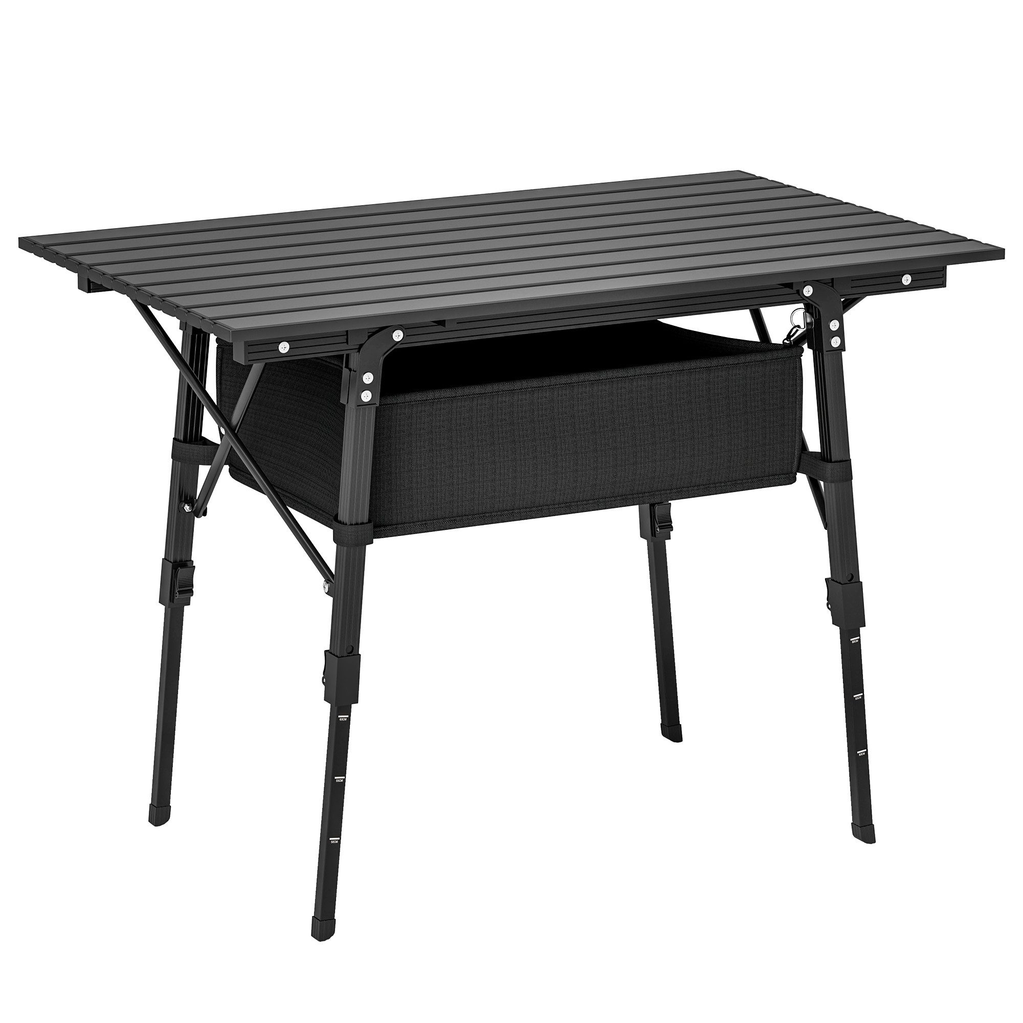 CHICFURN Gartentisch Campingtisch aus Aluminium, Klappbar und Höhenverstellbar (Packung, 1-St., Mit Aufbewahrungskorb und Tragetasche, Schwarz), Für Camping, Picknick, Grillen und Gartenpartys geeignet
