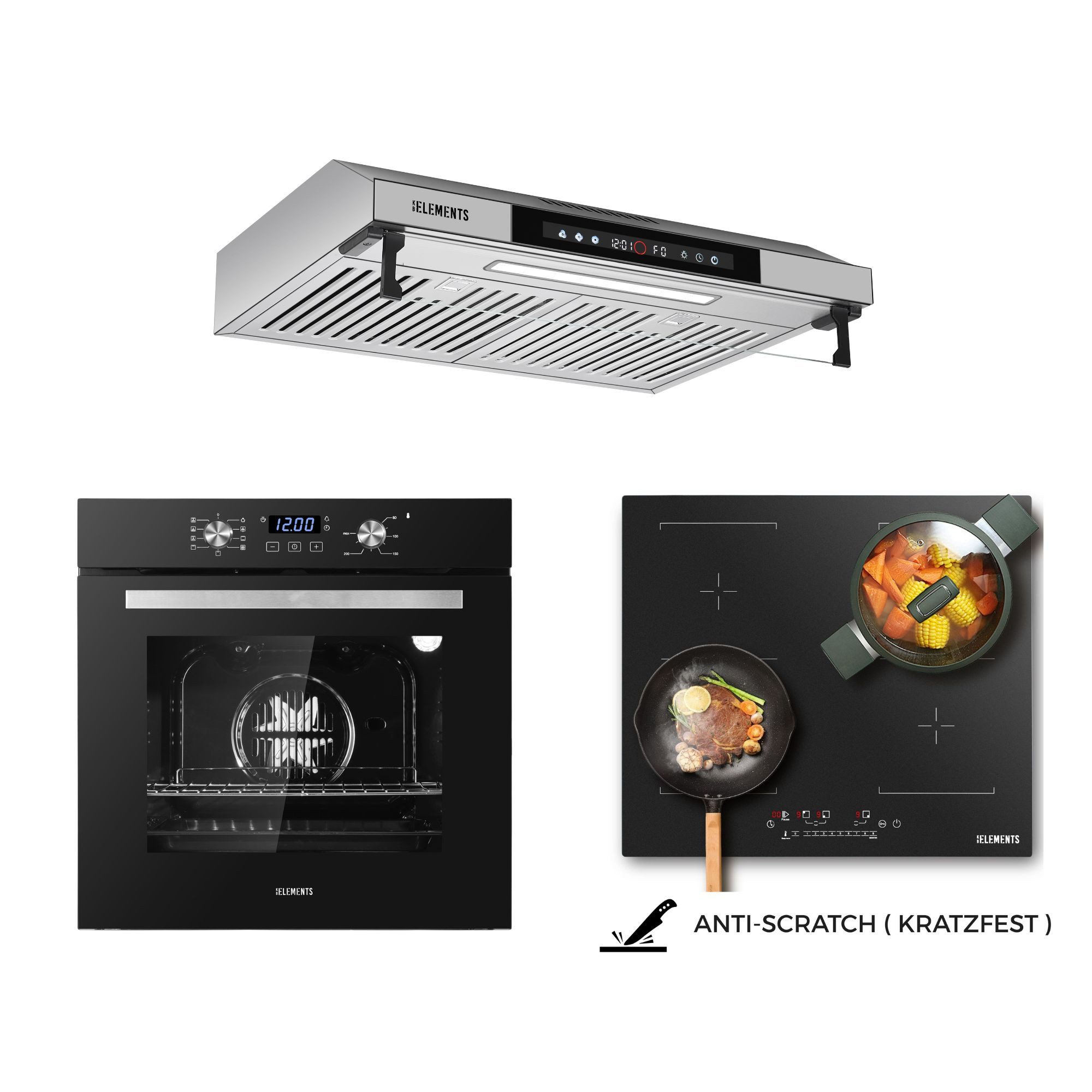KB Elements Induktions Herd-Set KB-ELEMENTS Herdset Backofen 60cm, Kratzfestes Induktionskochfeld 60cm, Air Fry, Steam Clean, Kratzfeste Oberfläche, EU-Stecker