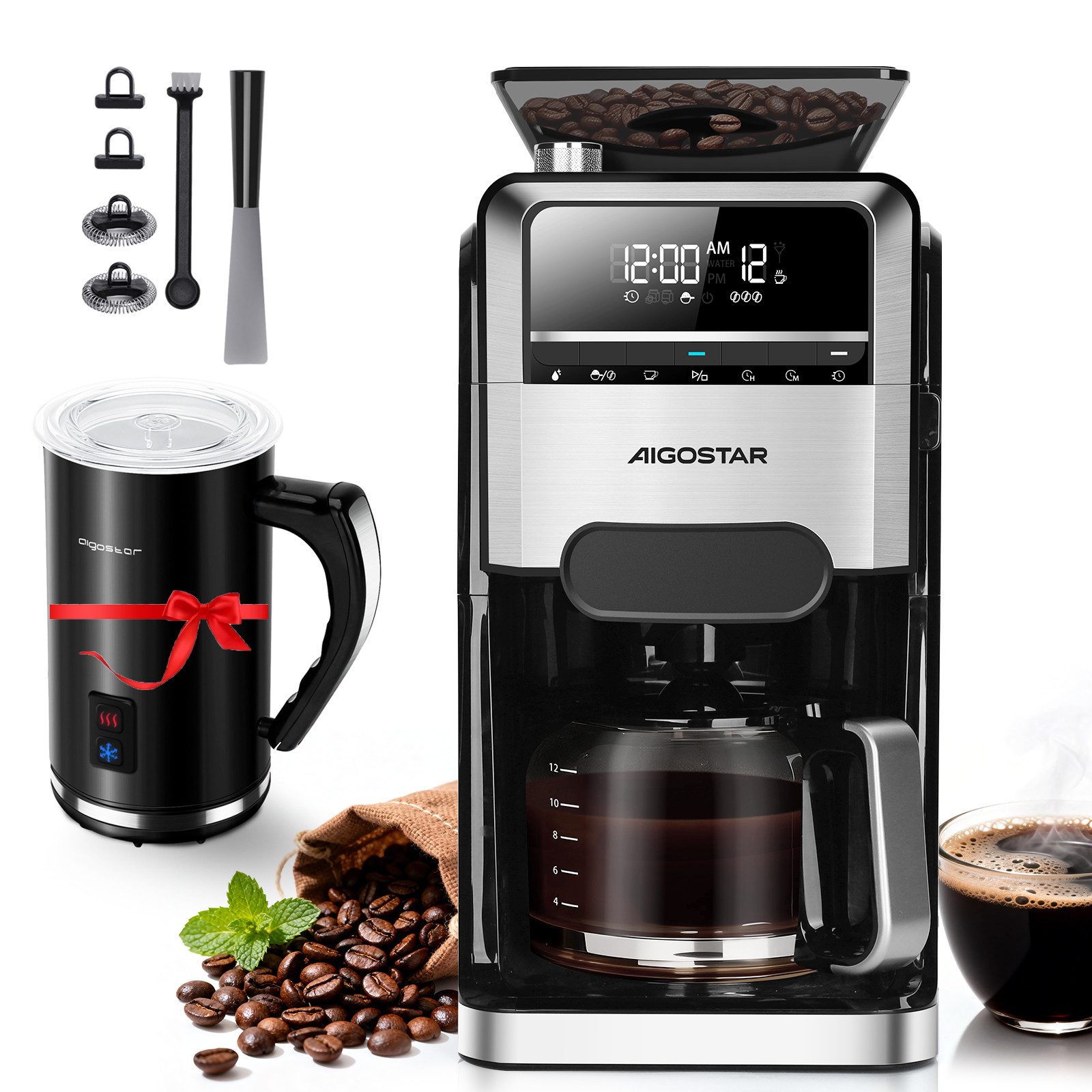 Aigostar Kaffeemaschine mit Mahlwerk, 1.5l Kaffeekanne, Wiederverwendbare Filter, Warmhaltefunktion, Selbstreinigungsfunktion, Intelligente Erinnerung