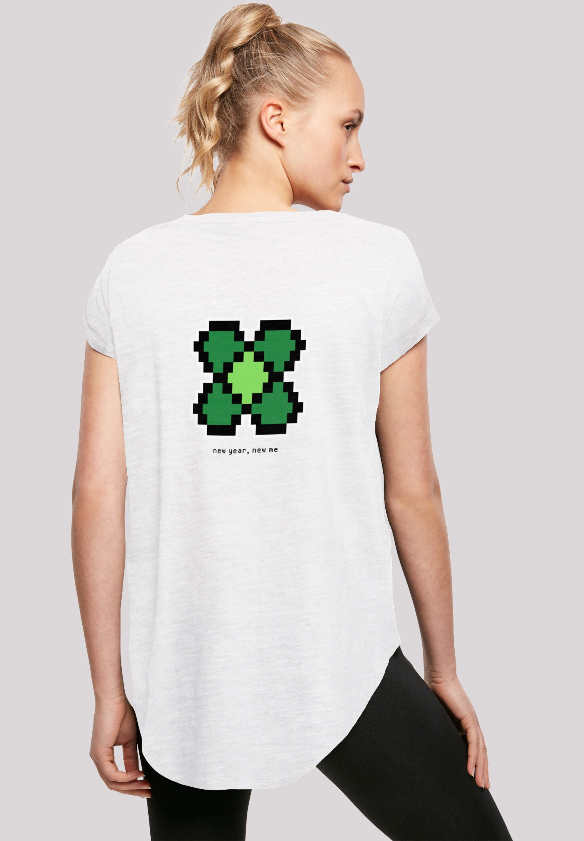 Print, Silvester T-Shirt Happy Hinten geschnittenes extra F4NT4STIC Damen Year Pixel Kleeblatt T-Shirt New lang