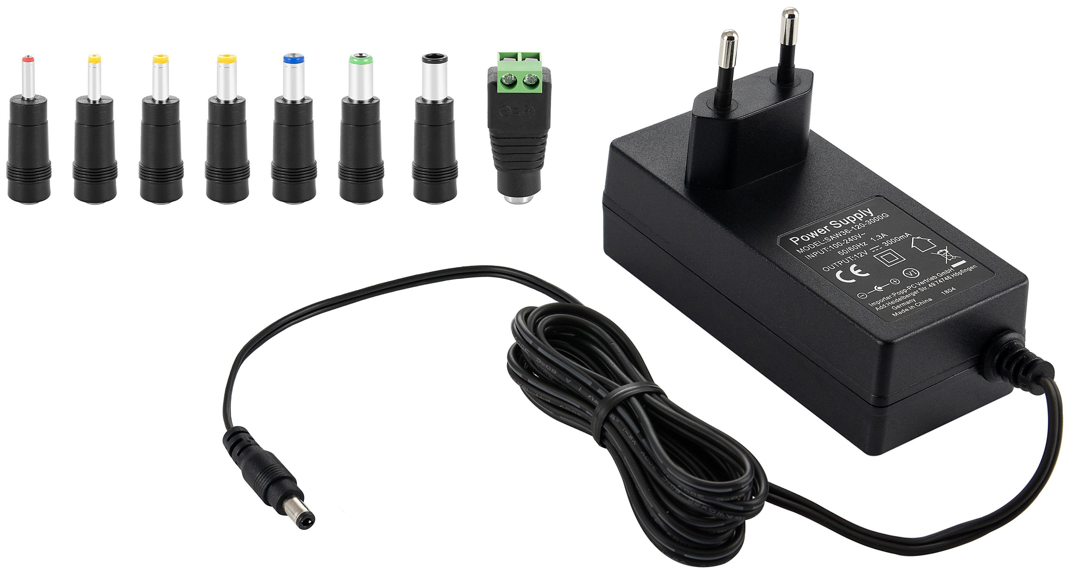 Poppstar »Universal AC DC Netzteil, Steckernetzteil 12V 3A« Universal- Netzteil (3000mA, 5,5/2,5mm Stromadapter mit 8er Hohlstecker Set, 150cm)