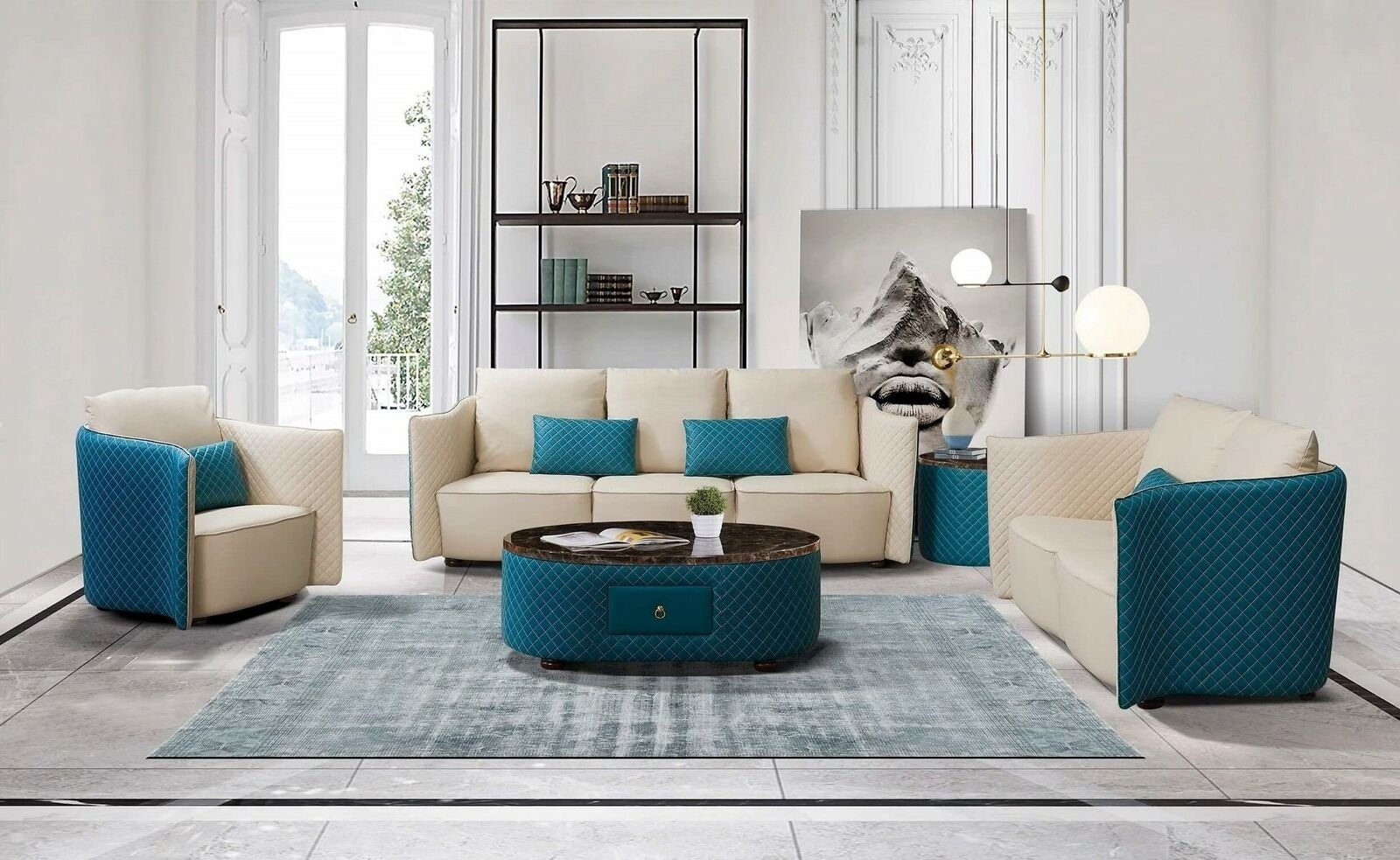 JVmoebel Wohnzimmer-Set Sofa Couch Polster Couchtisch Weiß/Blau (5-St) 5tlg. Tisch, Garnitur Leder Garnituren