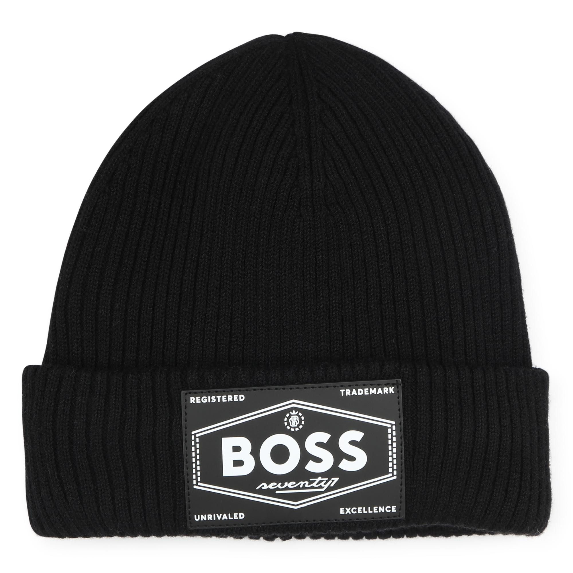 Boss Kidswear Strickmütze BOSS KIDS gefütterte Strickmütze Winter schwarz weiß Logo Logo