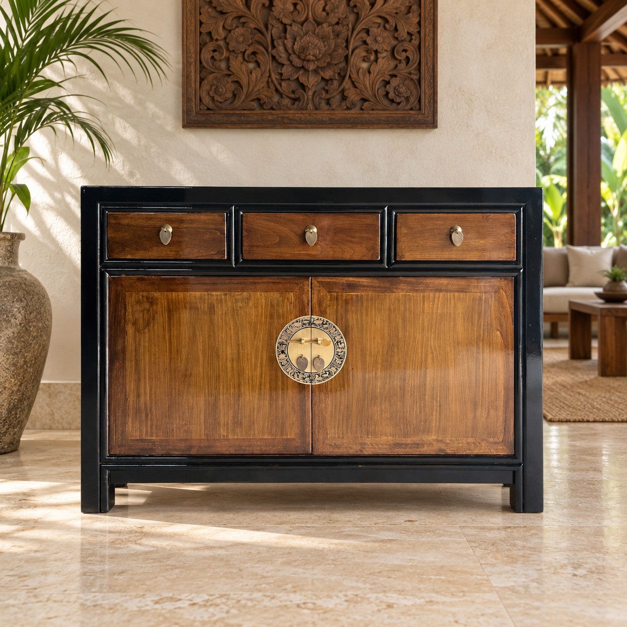 OPIUM OUTLET Kommode Schrank Sideboard braun-schwarz asiatisch chinesisch orientalisch (Breite x Tiefe x Höhe: 117 x 40 x 85 cm, Anrichte Buffet kastanienbraun-schwarz), Asia Möbel Hochzeitsschrank komplett montiert