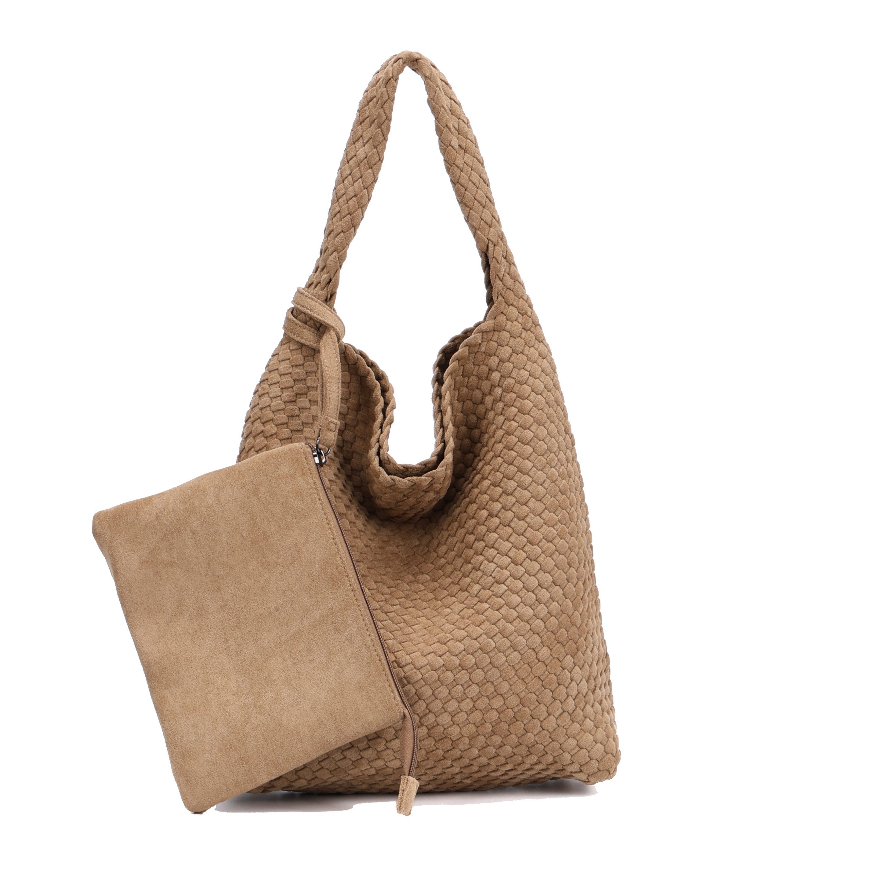 MIRROSI Shopper Damen Schultertasche Handgeflochten Wildleder-Optik (ca.36x14x31cm), große Hobo Bag mit Innentasche
